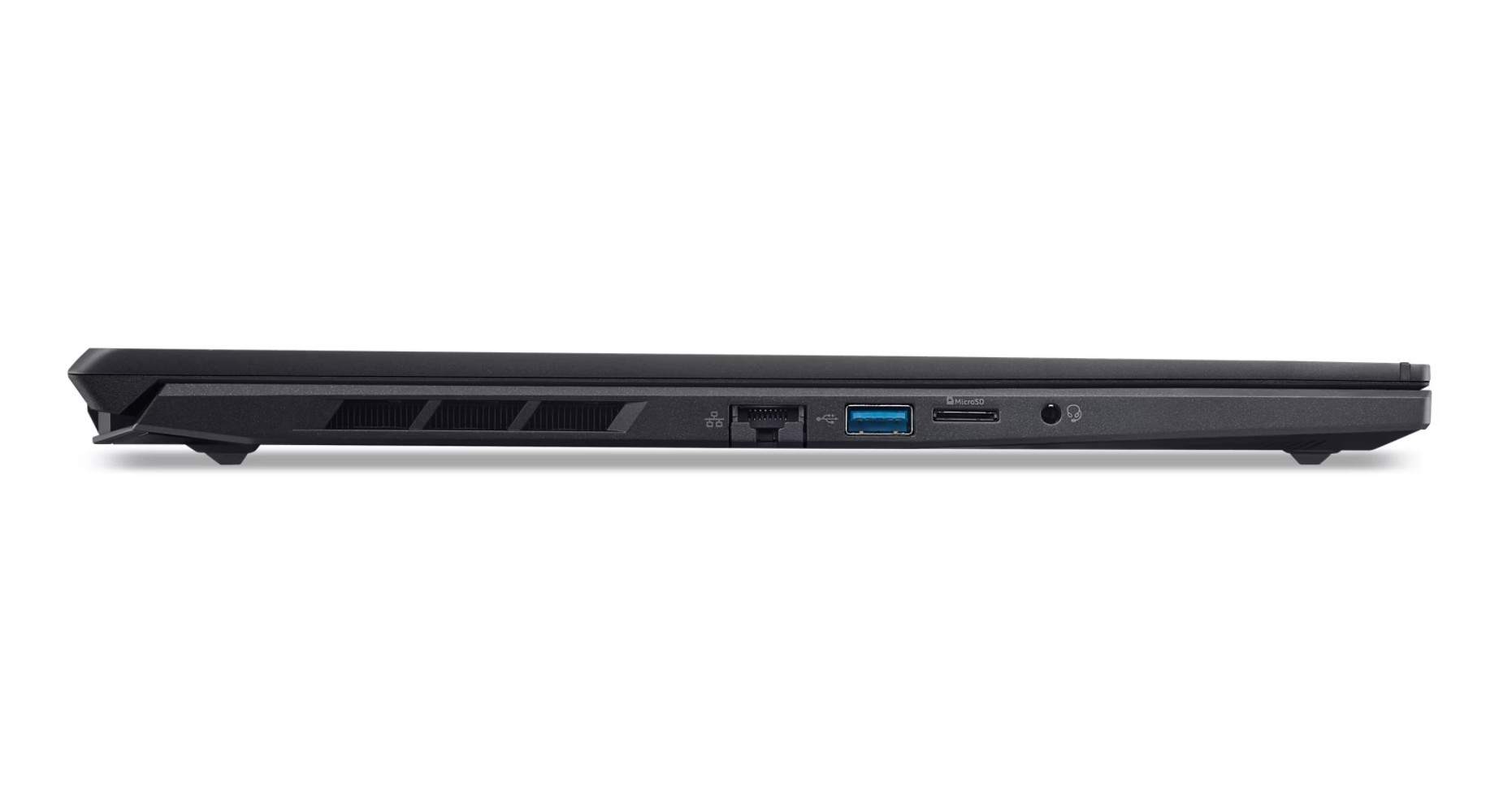 Vista laterale di un laptop nero. Mostra prese d'aria, porte USB e slot per schede microSD su sfondo bianco.