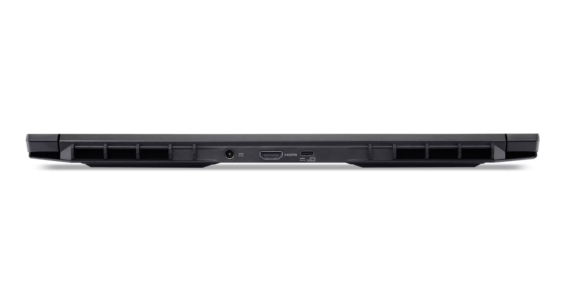 Il bordo inferiore di un laptop nero. Ha prese d'aria, porte come HDMI e USB e un ingresso di alimentazione.