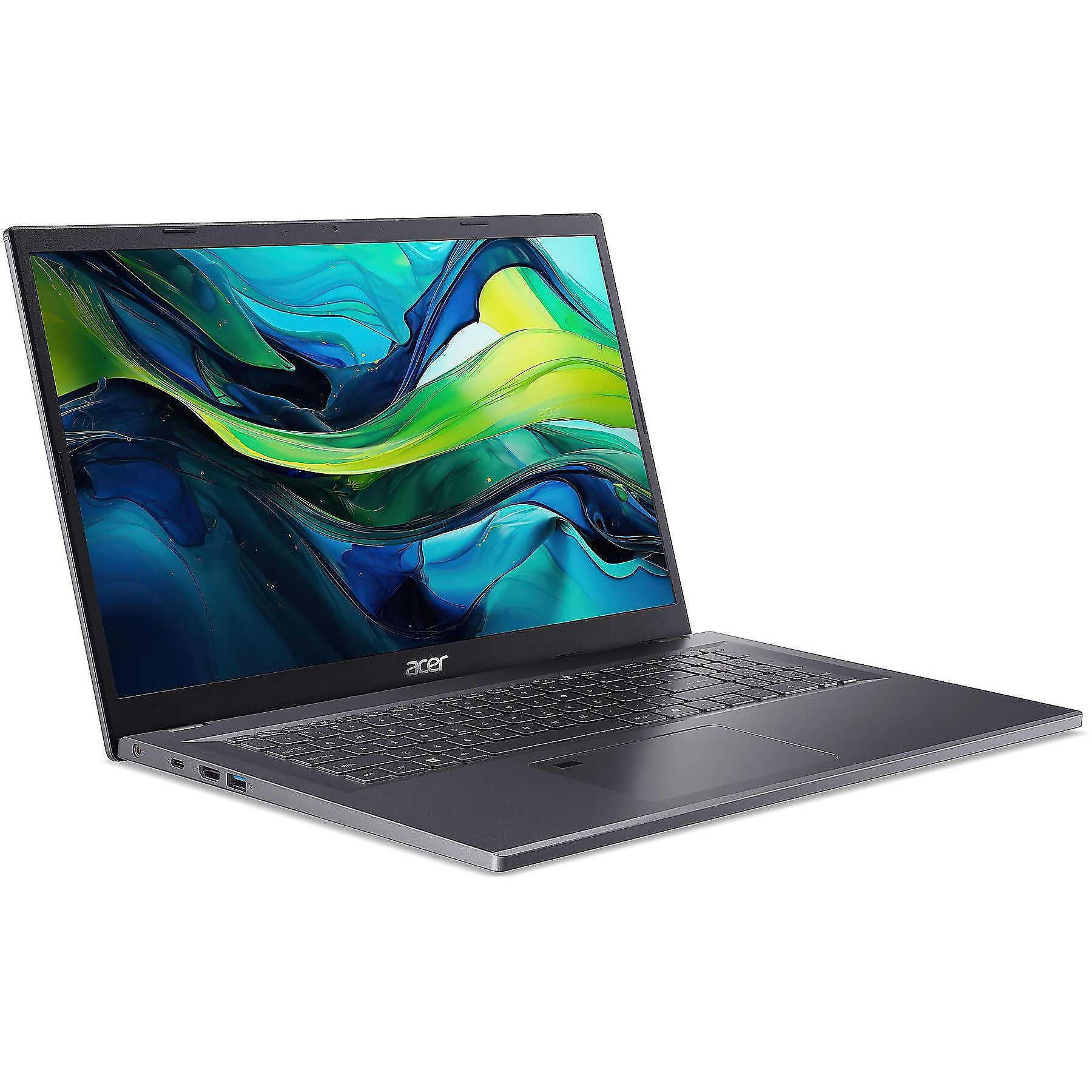 Un laptop Acer grigio scuro è aperto. Lo schermo mostra un'immagine astratta colorata. La tastiera è visibile e lo sfondo è bianco.