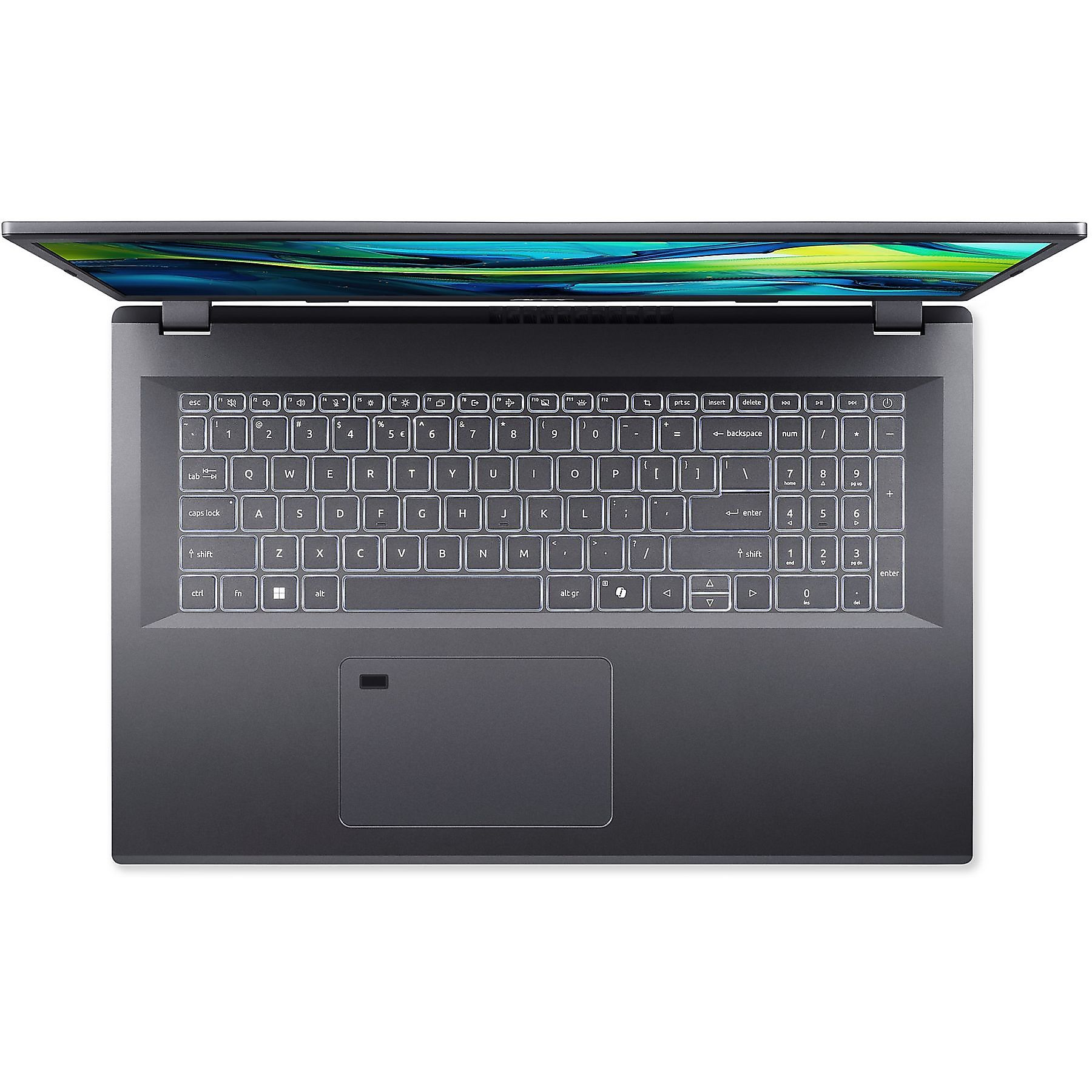 Vista dall'alto di un laptop grigio scuro con schermo aperto. La tastiera è illuminata, mostra i tasti. Touchpad visibile.