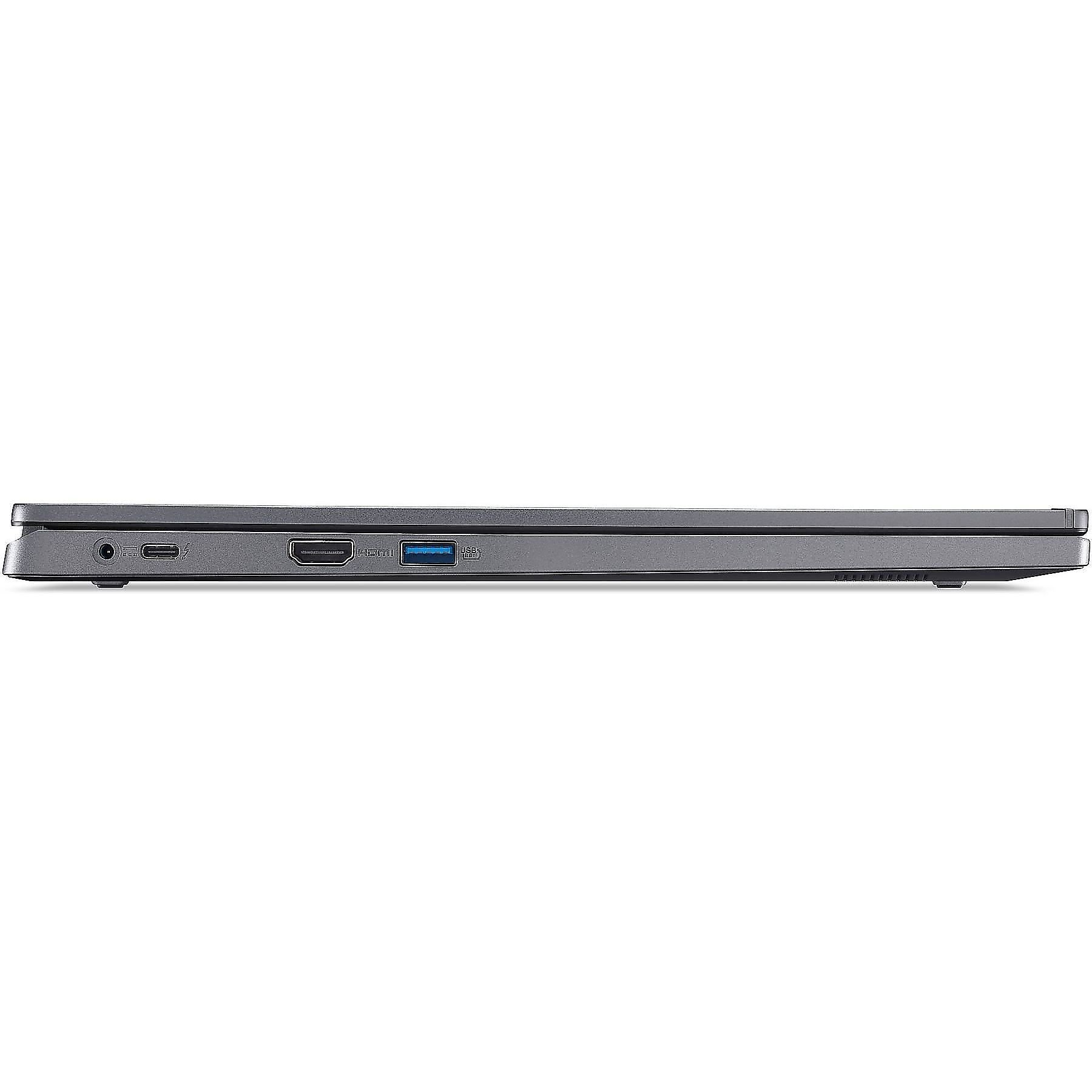 Vista laterale di un laptop grigio chiuso. Porte visibili: audio, USB-C, HDMI e USB.