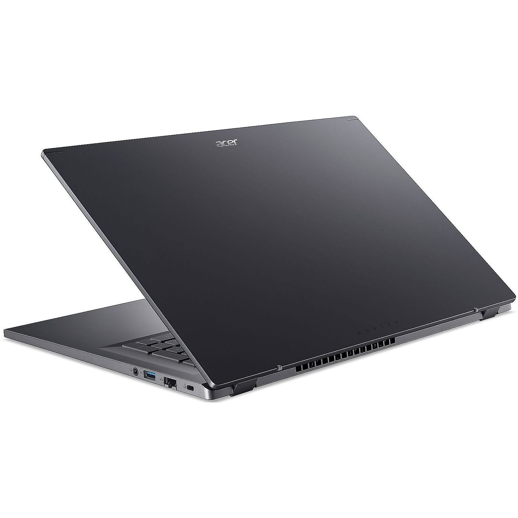 Laptop Acer grigio scuro aperto ad angolo. Tastiera visibile. Logo Acer sul coperchio. Sfondo bianco.
