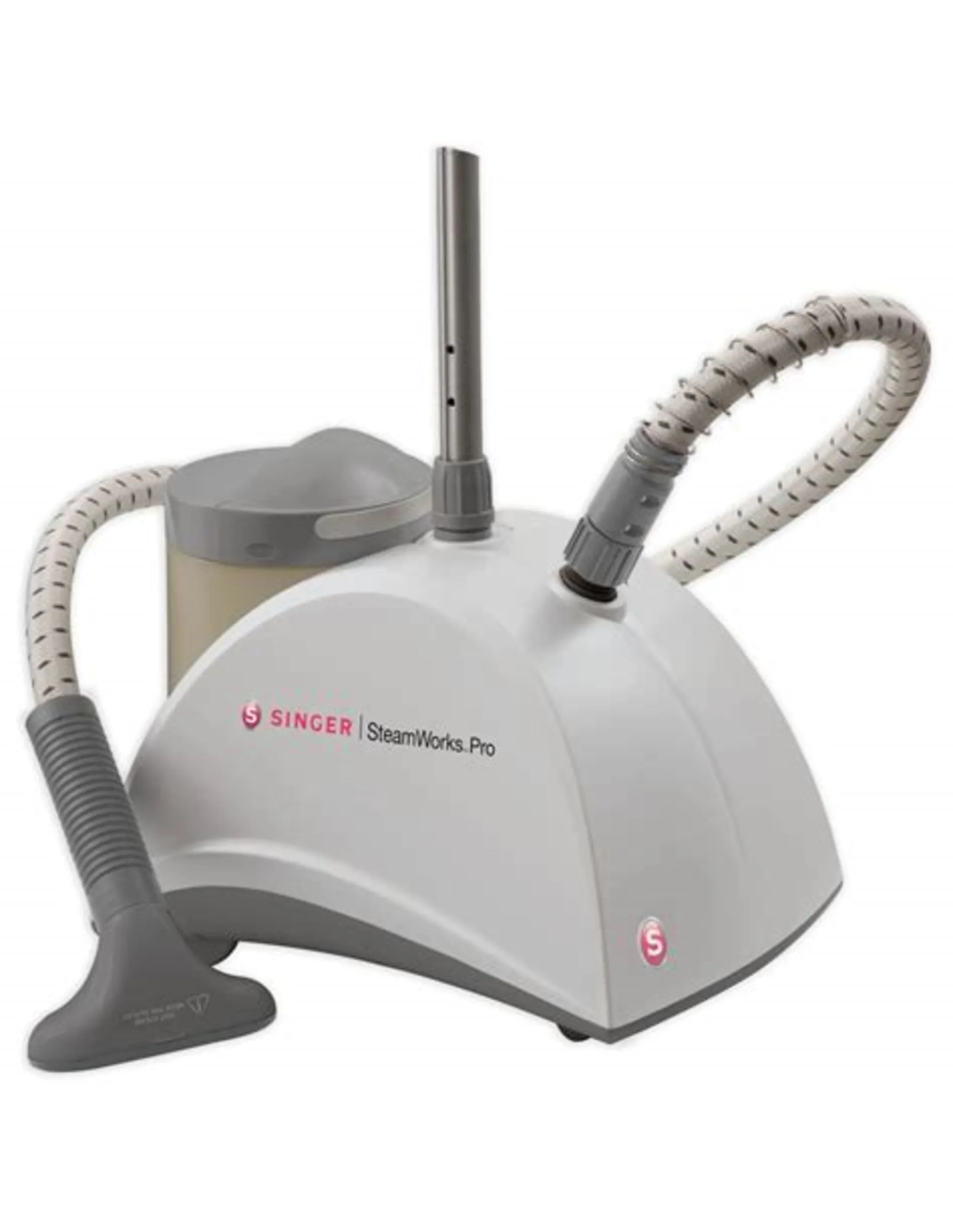 A white and gray Singer SteamWorks Pro steamer, with hose, head, and upright support, on a white background.