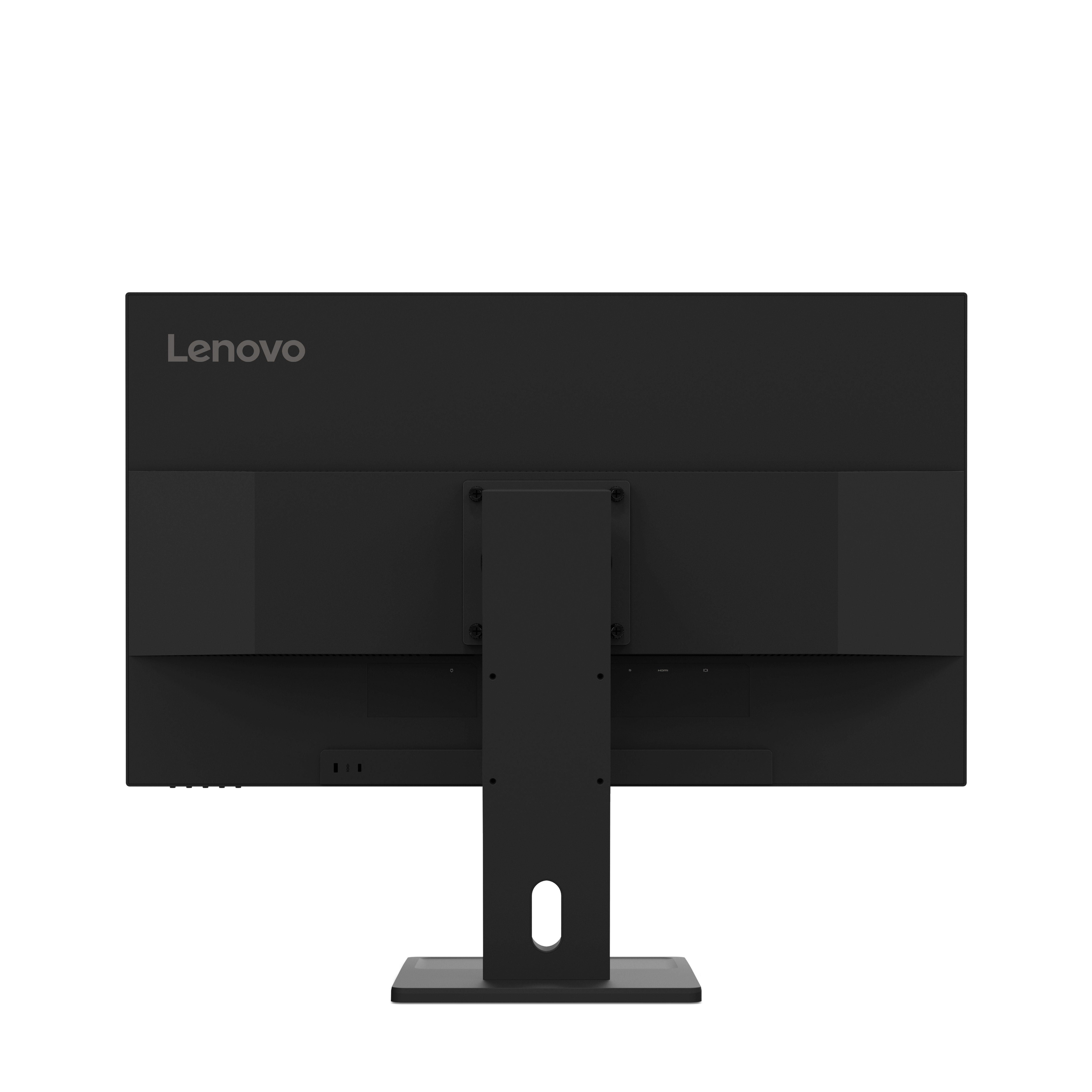 Widok z tyłu czarnego monitora Lenovo. Ma podstawę i porty. Marka jest widoczna na górze.