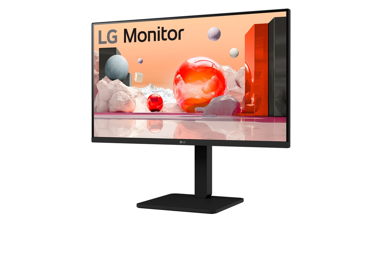 Un monitor LG muestra arte abstracto con esferas y bloques. Tiene un soporte negro. El fondo es blanco.