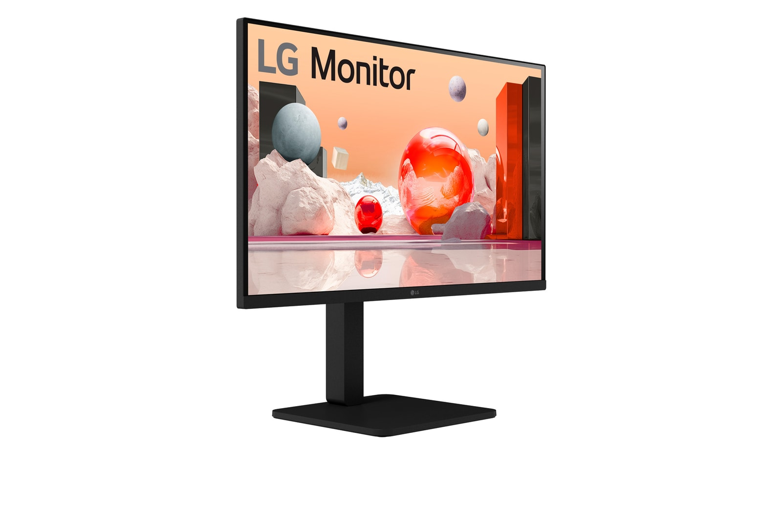 Un monitor LG con marco y soporte negros. La pantalla muestra arte abstracto con esferas y formaciones rocosas.