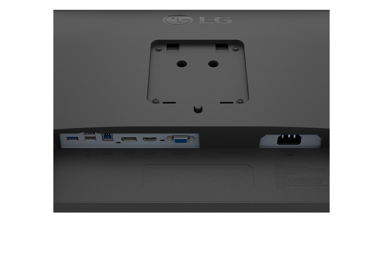 Parte trasera de un monitor LG gris oscuro. Puertos incluyen USB, HDMI y D-SUB. Logotipo LG arriba. Entrada de energía a la derecha.