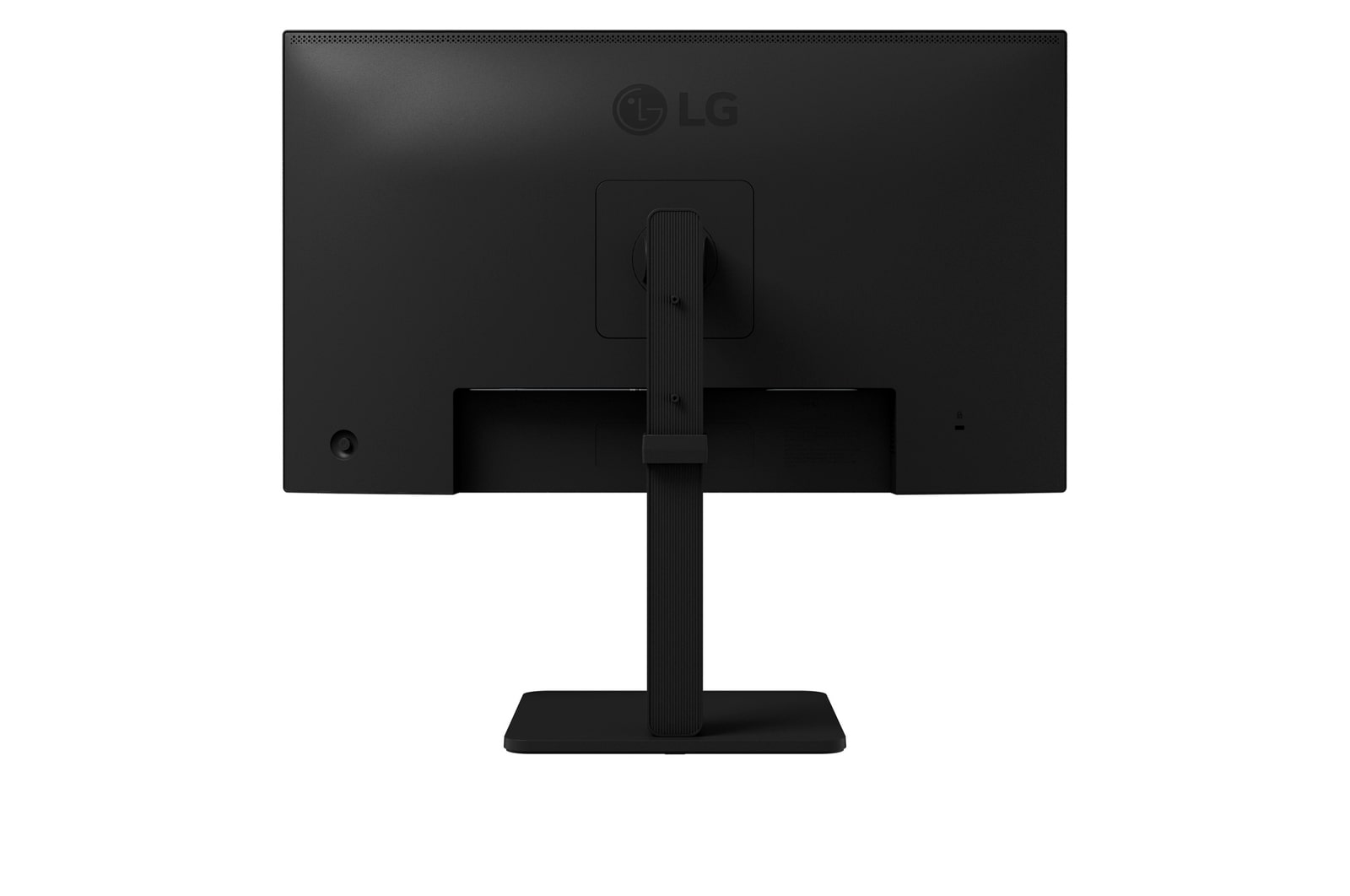 Vista trasera de un monitor LG negro con soporte. El logotipo de LG es visible. El monitor está sobre un fondo blanco.