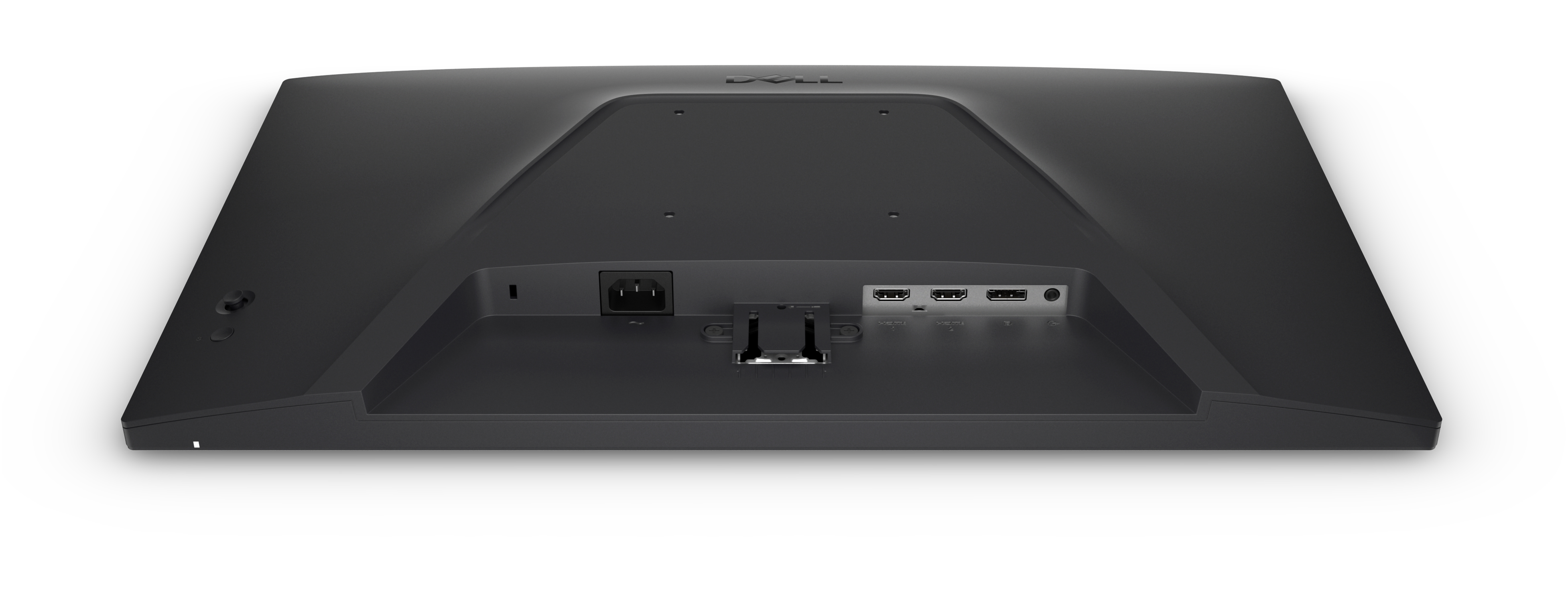 Widok z tyłu czarnego monitora Dell. Widoczne są porty zasilania, HDMI i audio. Logo Dell znajduje się na górze.