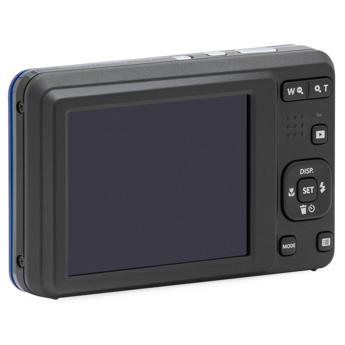Widok z tyłu czarnego aparatu cyfrowego z niebieskimi akcentami. Posiada duży ekran, przyciski oraz zestaw przycisków sterujących.