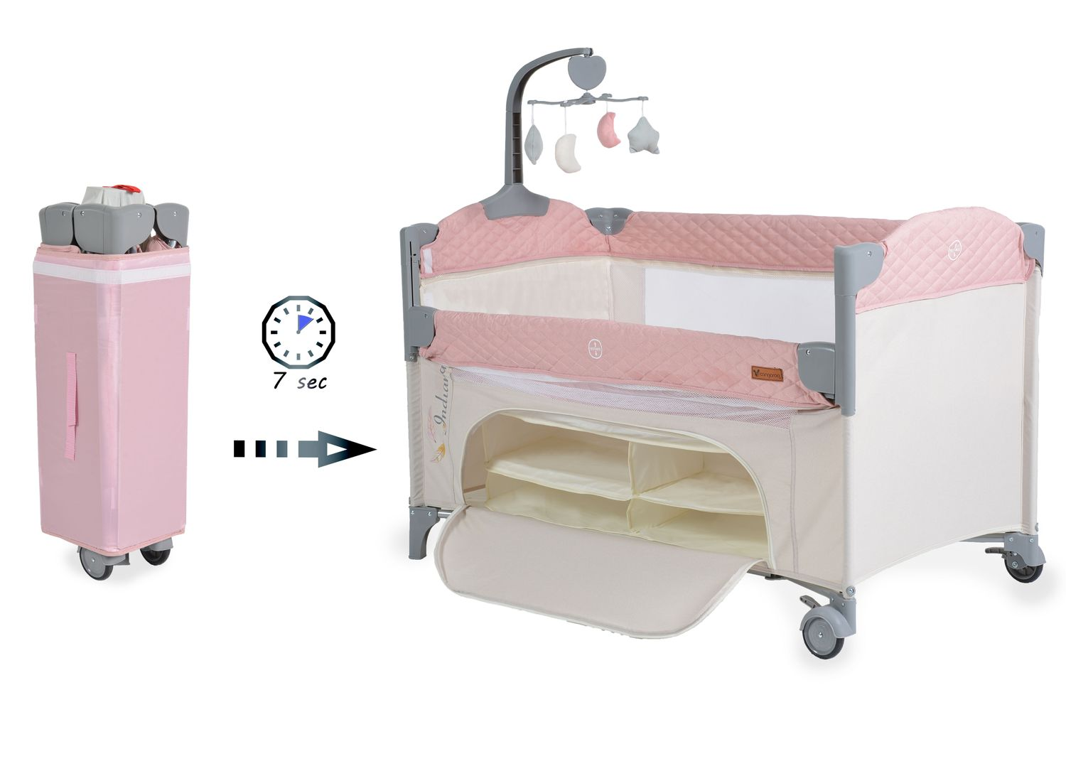 Ein rosa Baby-Reisebett, links zusammengeklappt, rechts ausgeklappt. Eine Uhr zeigt 7 Sekunden für den Aufbau an. Inklusive Aufbewahrung und Mobile.