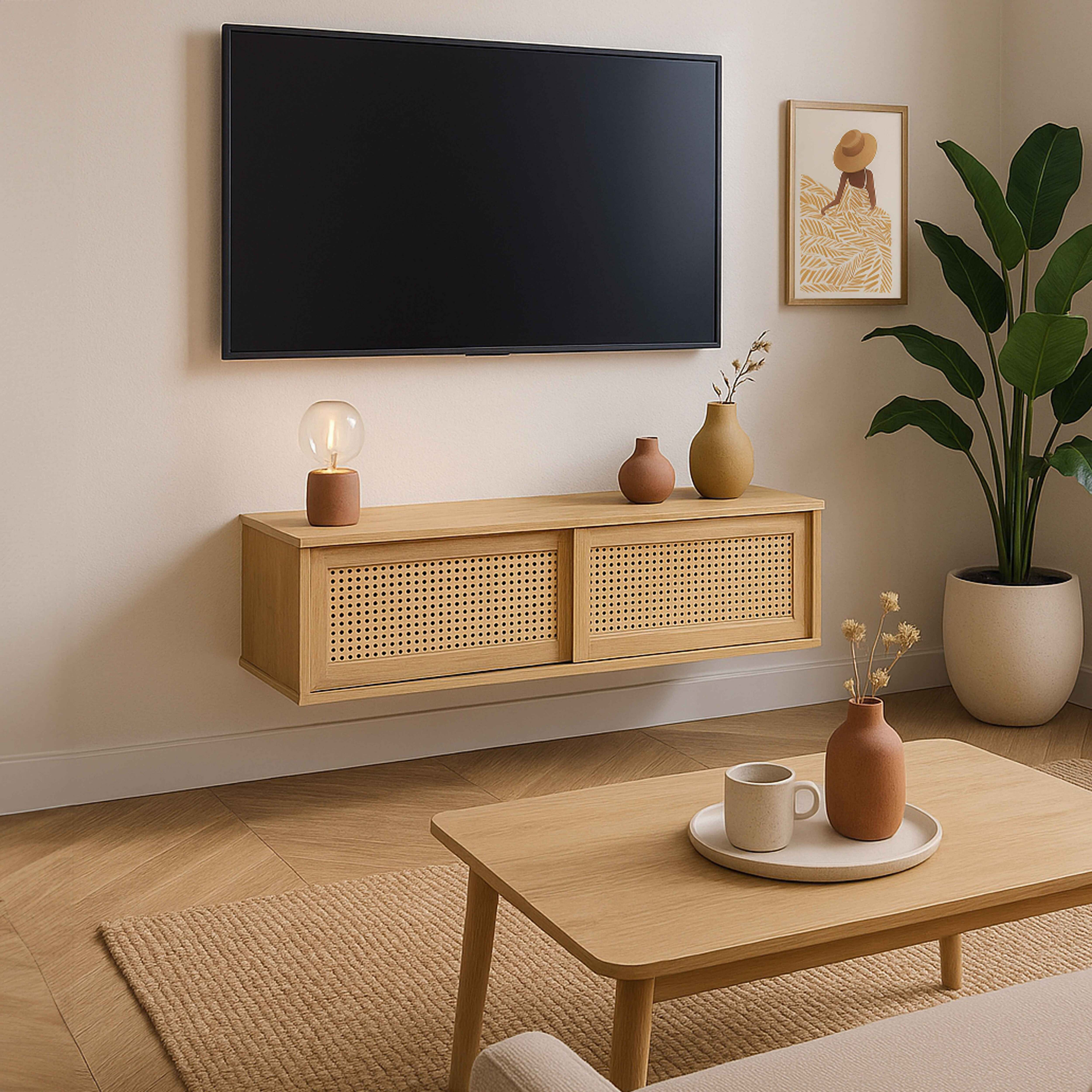 Wohnzimmer mit TV, Holzschrank, Couchtisch, Teppich und Pflanzen. Neutrale Töne dominieren den Raum.