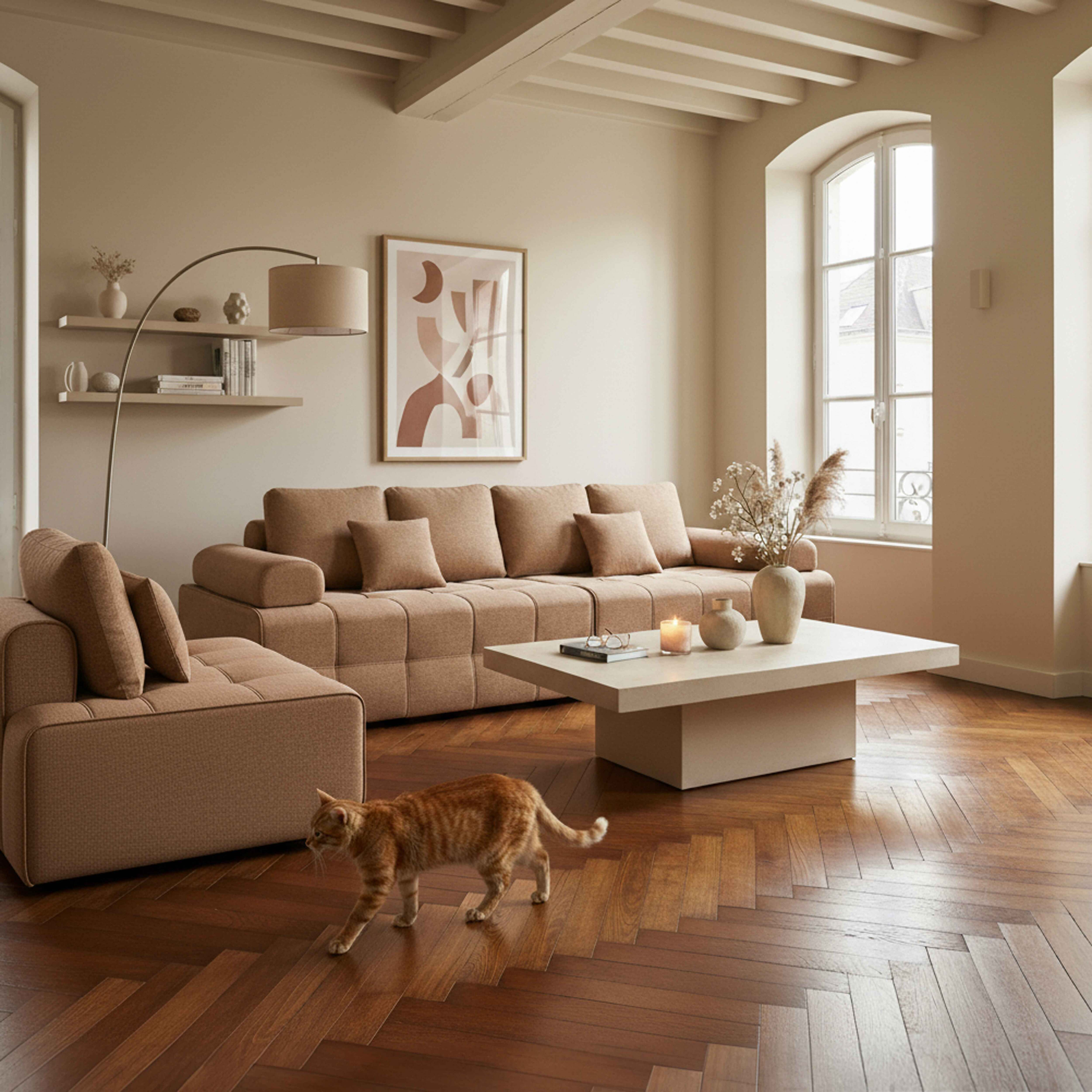 Ein Wohnzimmer mit braunem Sofa, Stuhl und Couchtisch. Eine Katze geht auf dem Holzboden.