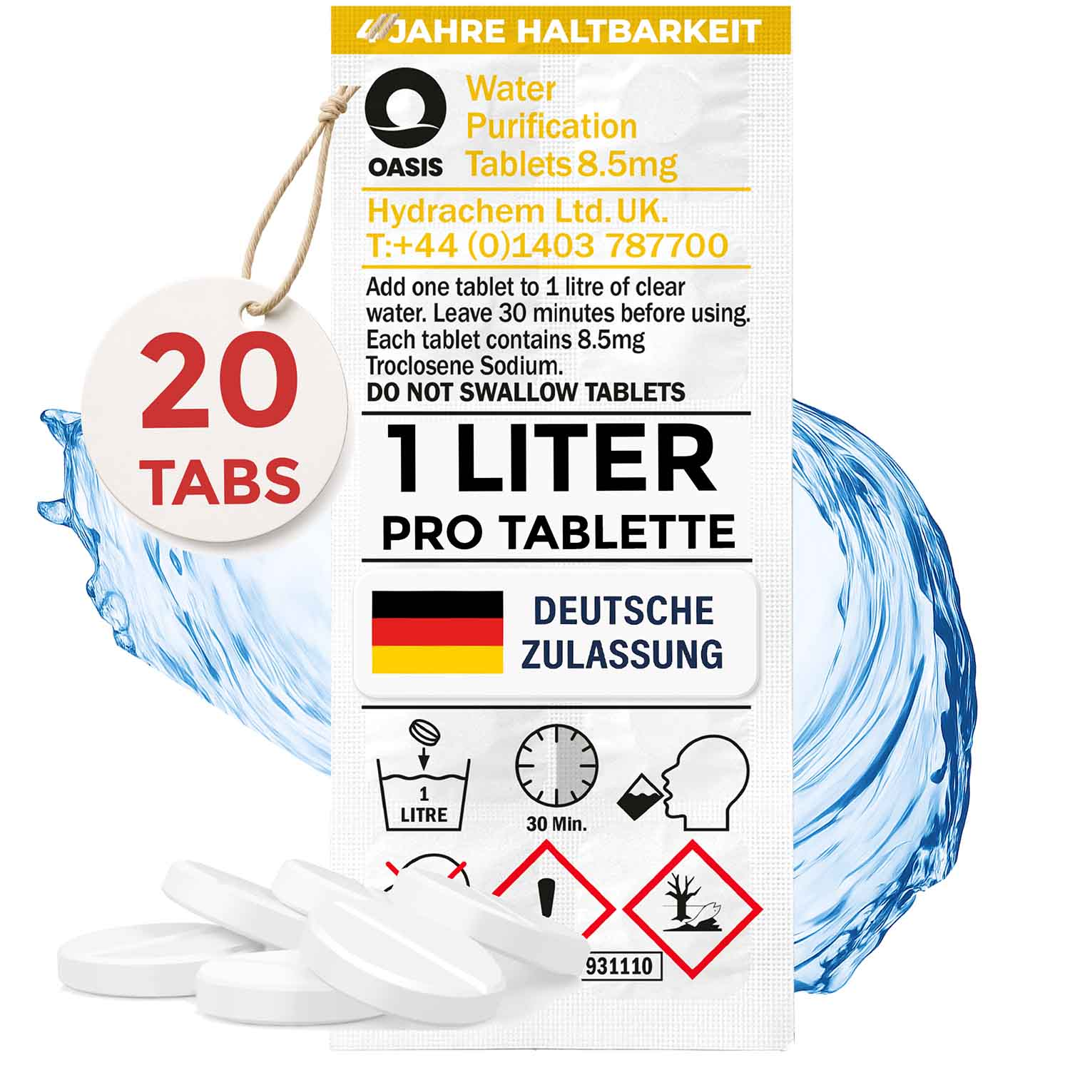 Eine Packung Wasserreinigungstabletten mit 20 Tabletten. Sie enthält Anweisungen, die deutsche Flagge und Warnsymbole. Weiße Tabletten sind vorne.