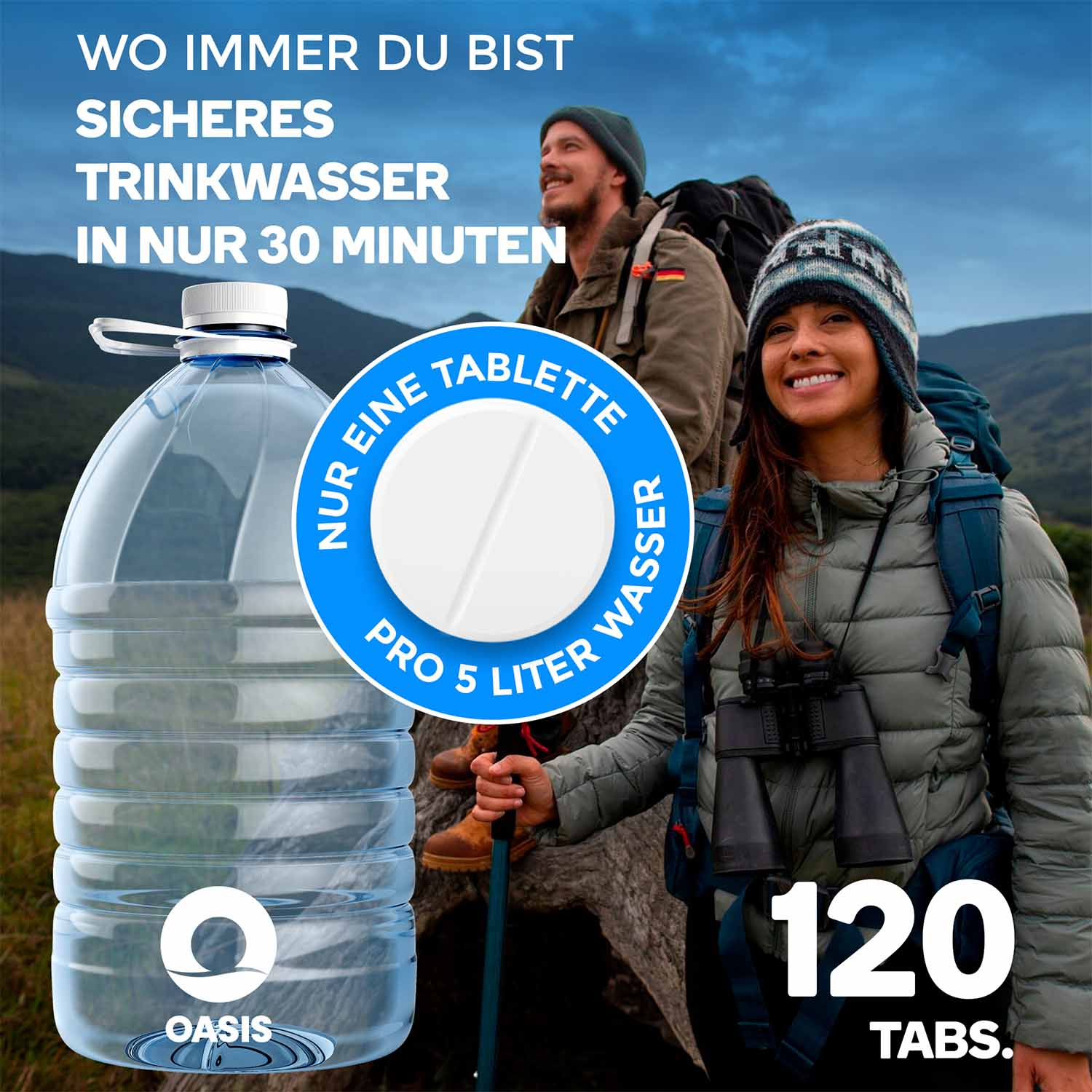 Das Bild zeigt eine Wasserflasche, eine Tablette und zwei Wanderer. Text sagt "sicheres Trinkwasser in 30 Minuten" und "120 Tabs."
