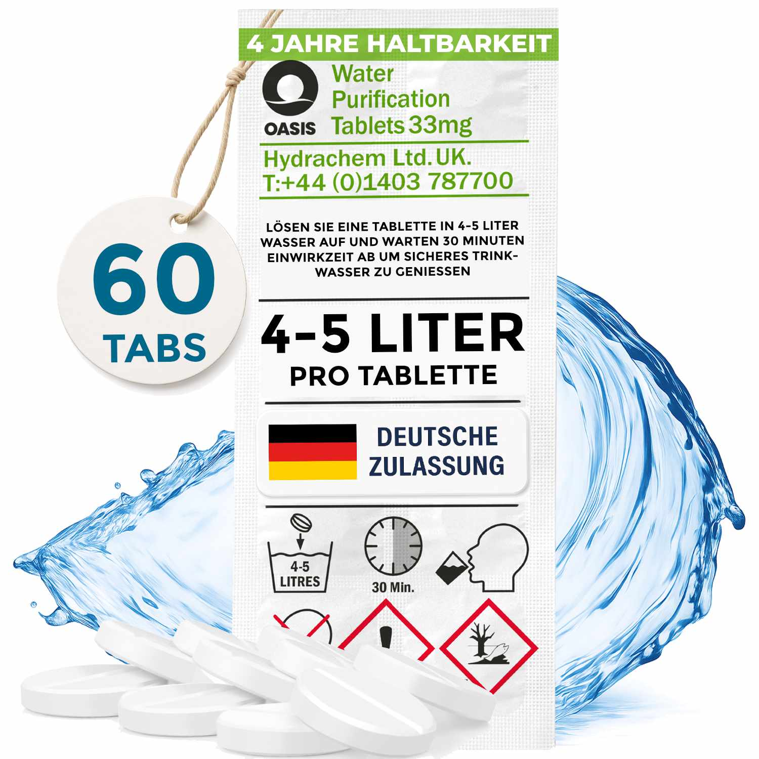 Eine Packung Wasserreinigungstabletten mit Anweisungen und Symbolen. Das Paket hat deutschen Text und eine Flagge. 60 Tabletten.