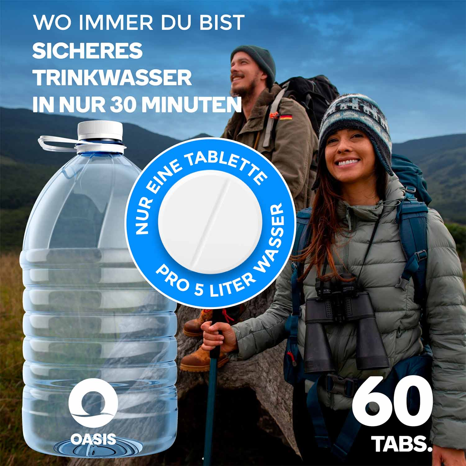 Eine Frau und ein Mann wandern. Im Vordergrund eine große Wasserflasche und eine Tablette. Text: sicheres Trinkwasser.
