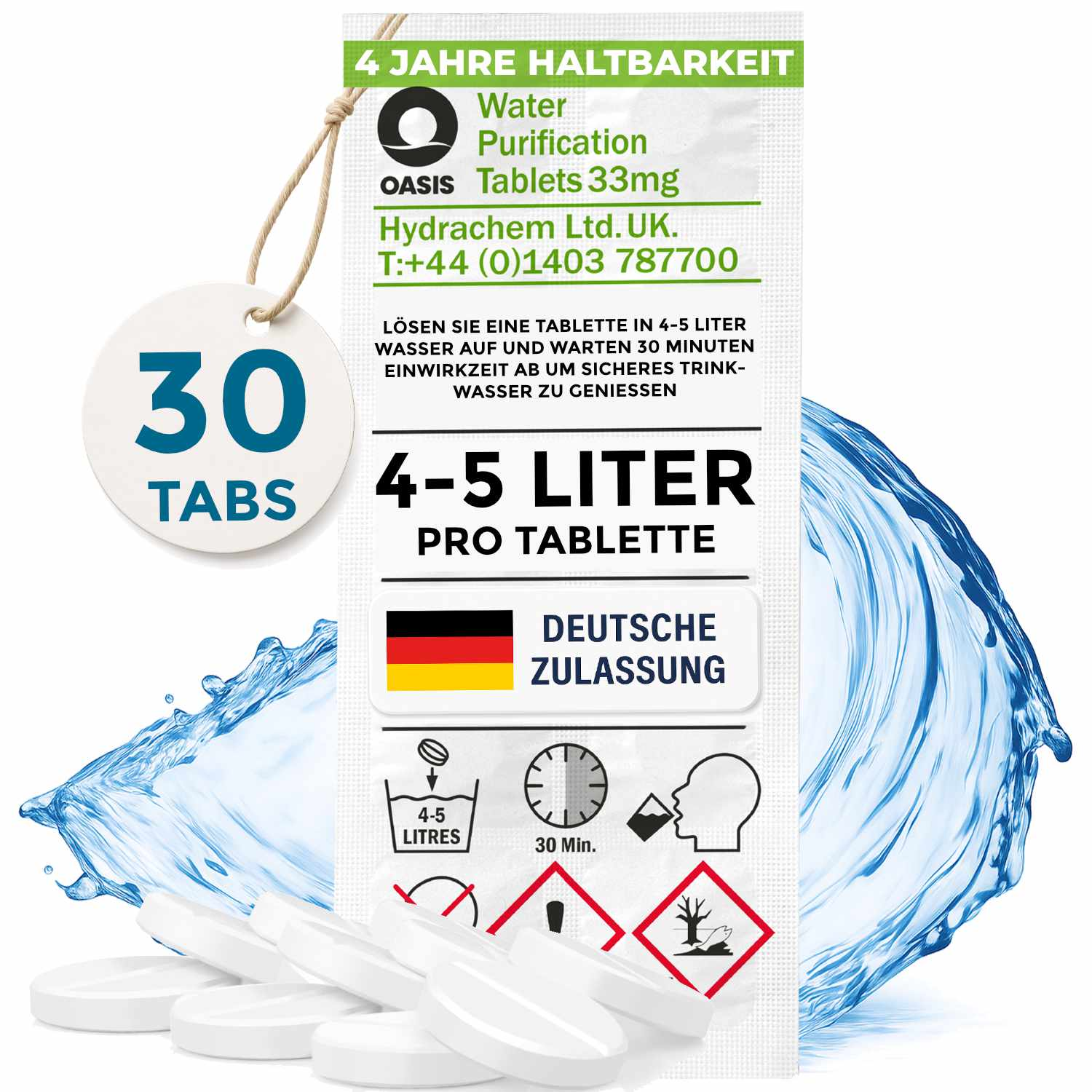Verpackung für Wasserreinigungstabletten. Enthält ein Etikett mit Anweisungen, eine deutsche Flagge und eine Grafik von Wasser und Tabletten.