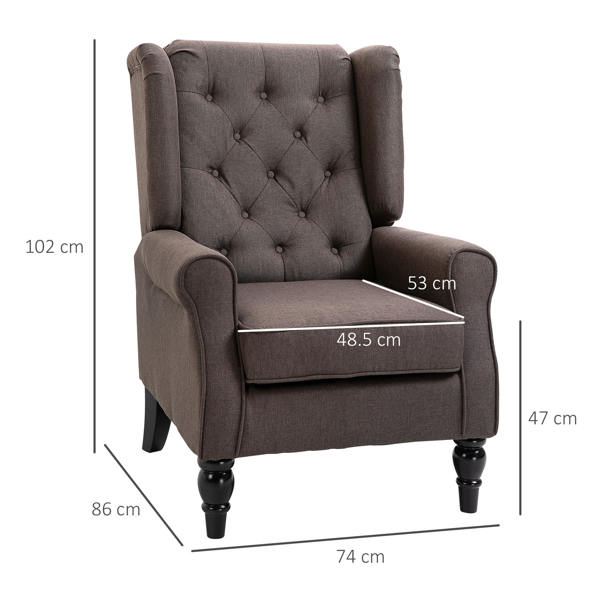 Poltrona marrone con schienale imbottito, braccioli e gambe nere. Dimensioni: 102cm, 86cm, 74cm, 47cm, 53cm, 48.5cm.