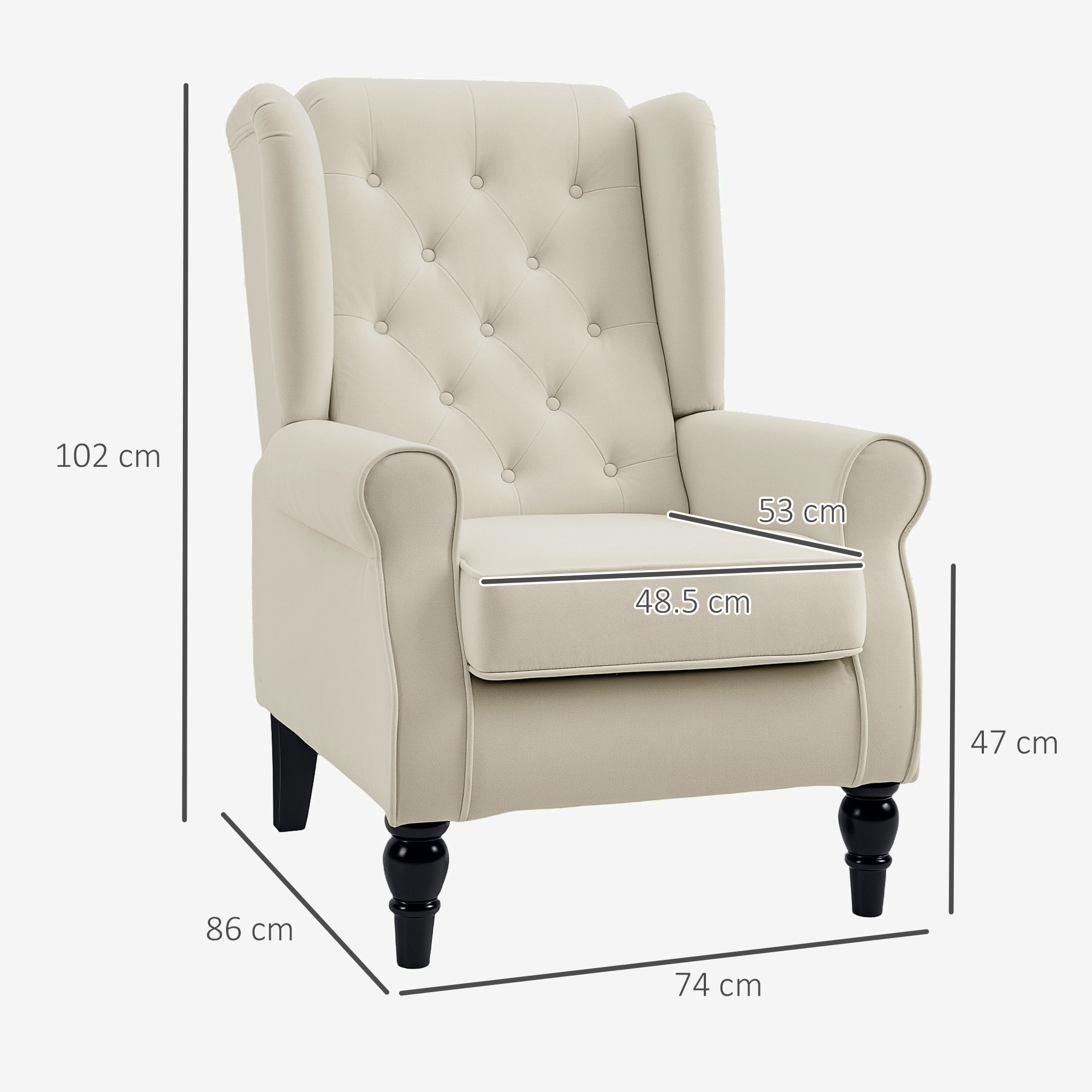 Una poltrona beige con schienale imbottito, braccioli alti e gambe nere. Le dimensioni sono indicate.