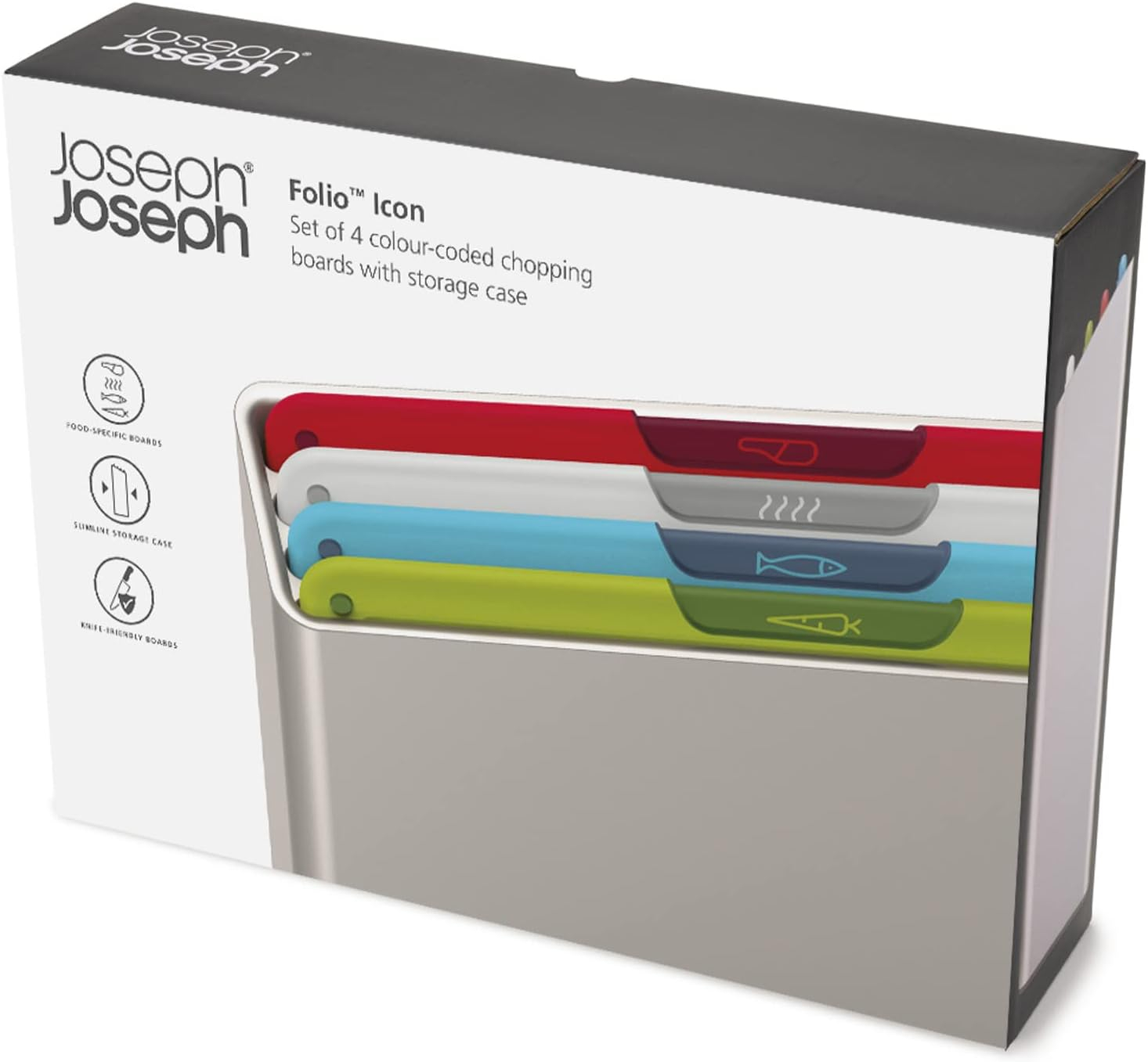 Eine Box mit Joseph Joseph Folio Icon Schneidebrettern. Vier farbcodierte Bretter mit Aufbewahrungskoffer. Rote, weiße, blaue und grüne Bretter.