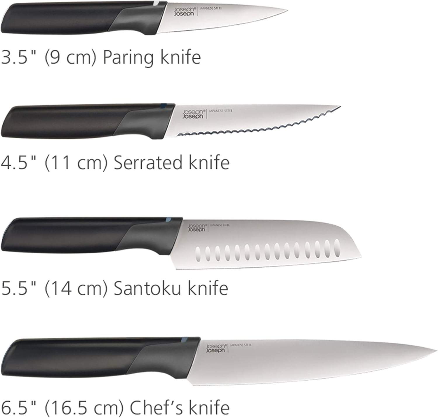 Vier Messer mit schwarzen Griffen und silbernen Klingen werden angezeigt. Sie sind als Schäl-, gezahntes, Santoku- und Kochmesser bezeichnet.