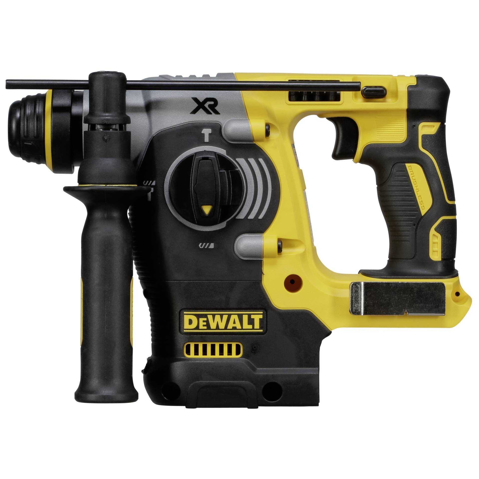 Ein gelb-schwarzer DeWalt-Hammerbohrer auf weißem Hintergrund. Er hat einen Griff und ist mit dem XR-Logo versehen.