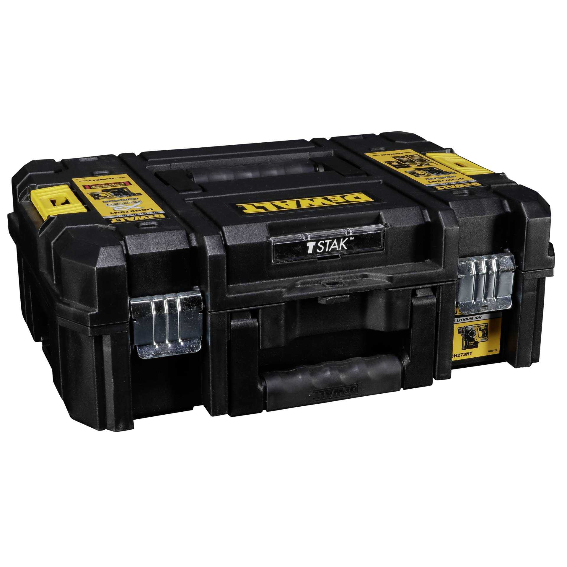 Schwarze DeWalt TSTAK Werkzeugbox mit gelben Akzenten. Mit Griff, Verschlüssen und Logo. Etiketten oben und an den Seiten.