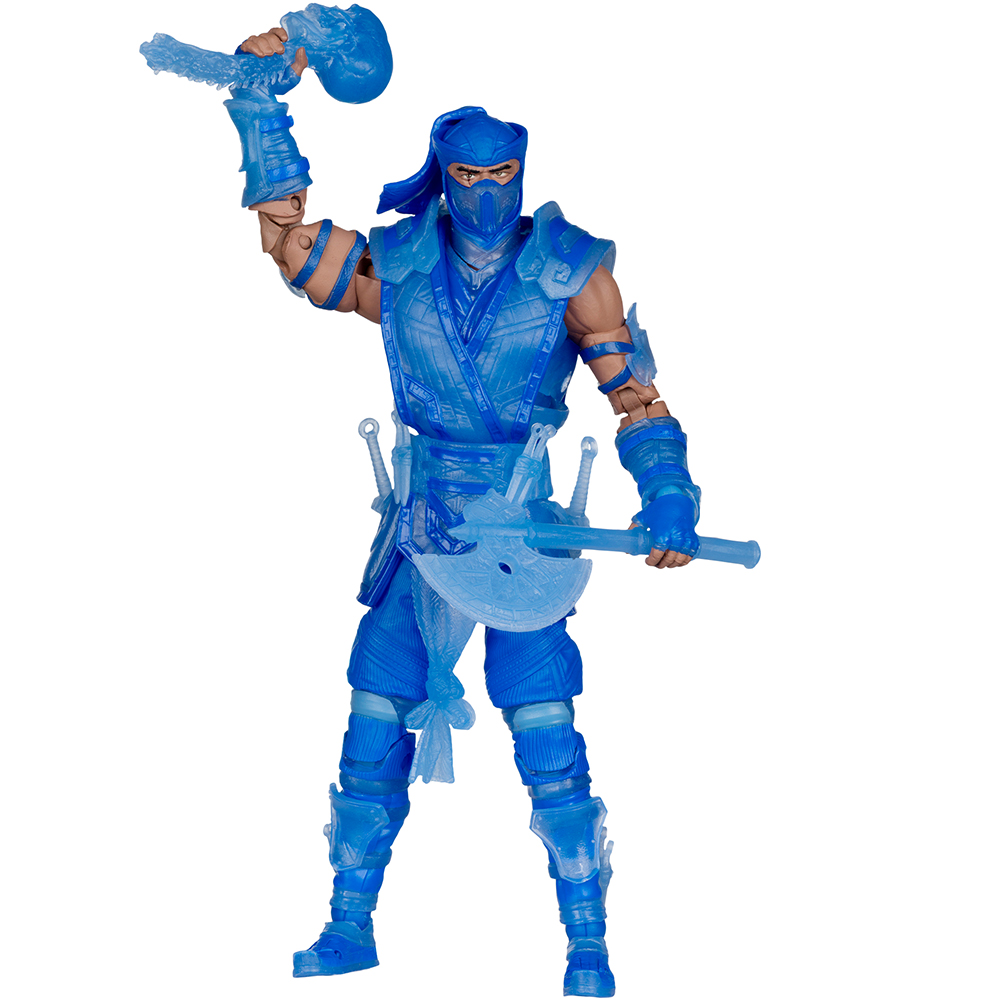 Una action figure blu di un personaggio simile a un ninja con armi di ghiaccio, tra cui un'ascia e un martello, su sfondo bianco.