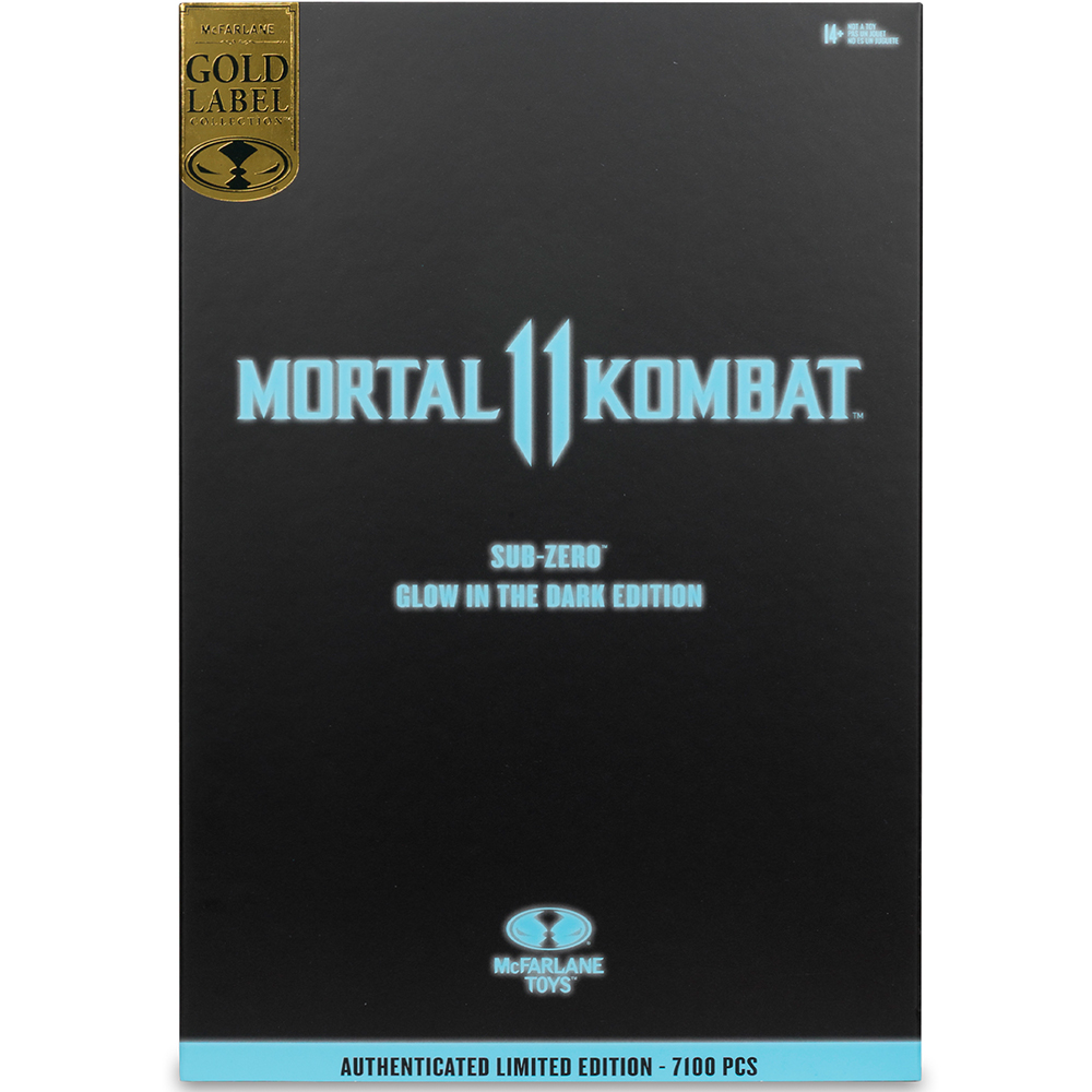 Scatola nera con logo 'Mortal Kombat 11'. Il testo recita 'Sub-Zero Glow in the Dark Edition'. Etichetta dorata in alto a sinistra.