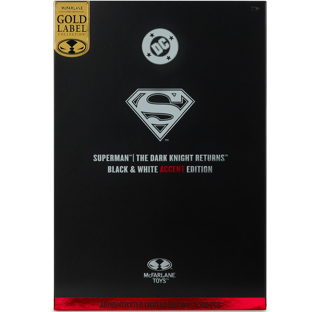Scatola nera con logo di Superman e testo. L'etichetta dorata recita "Gold Label Collection". Sono visibili anche il logo DC e McFarlane Toys.