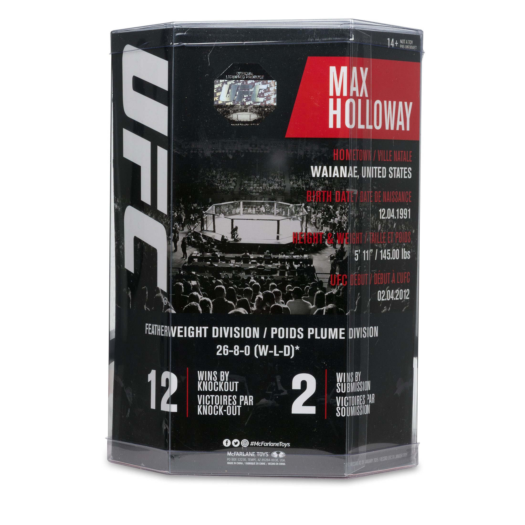 Eine UFC-Figurenbox. Sie enthält Informationen zu Max Holloway, einschließlich Heimatort, Geburtsdatum, Größe und UFC-Debüt.