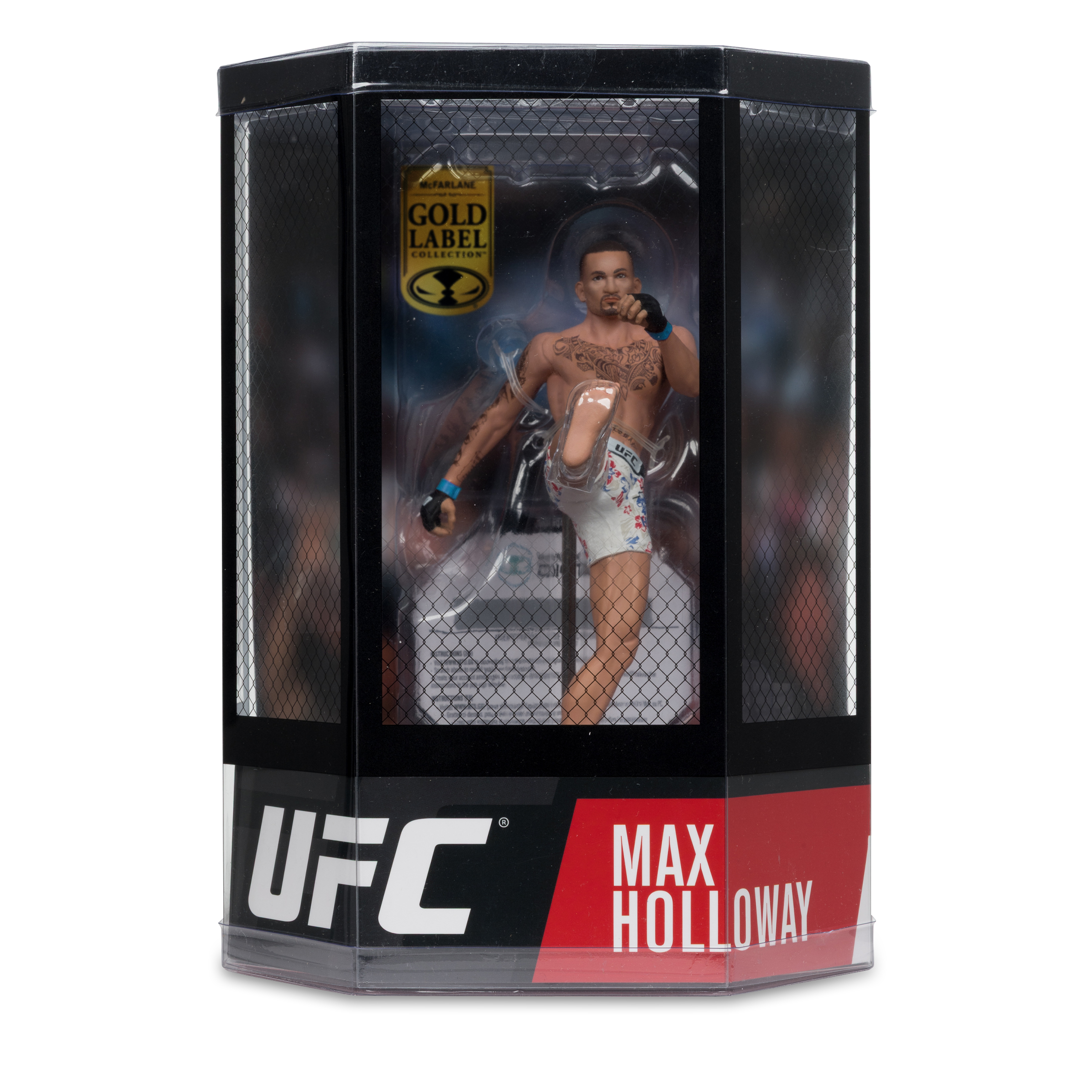 Eine Max Holloway-Actionfigur in einem UFC-Käfig-Display. Die Figur ist in einer Trittpose in einem schwarzen und transparenten Kunststoffgehäuse.