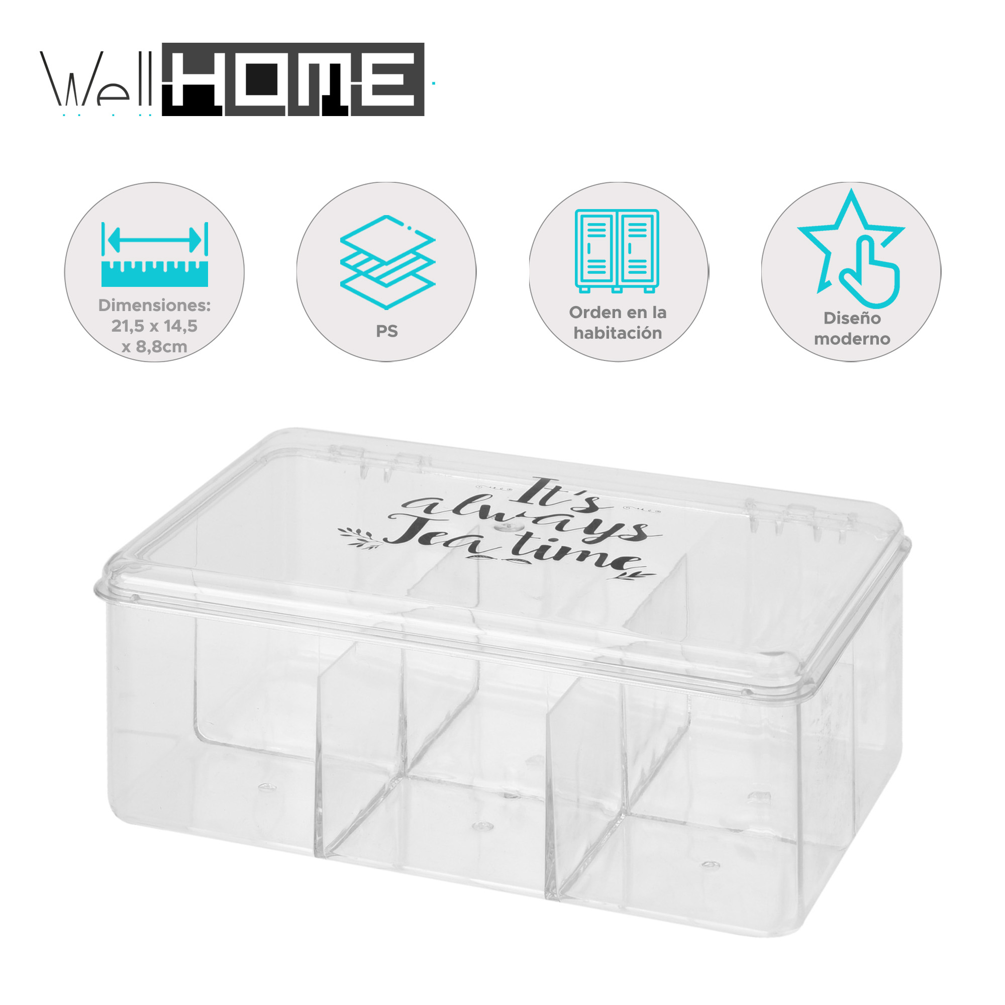 Caja de té transparente con compartimentos, tapa y texto 'It's always tea time'. Iconos y dimensiones visibles.