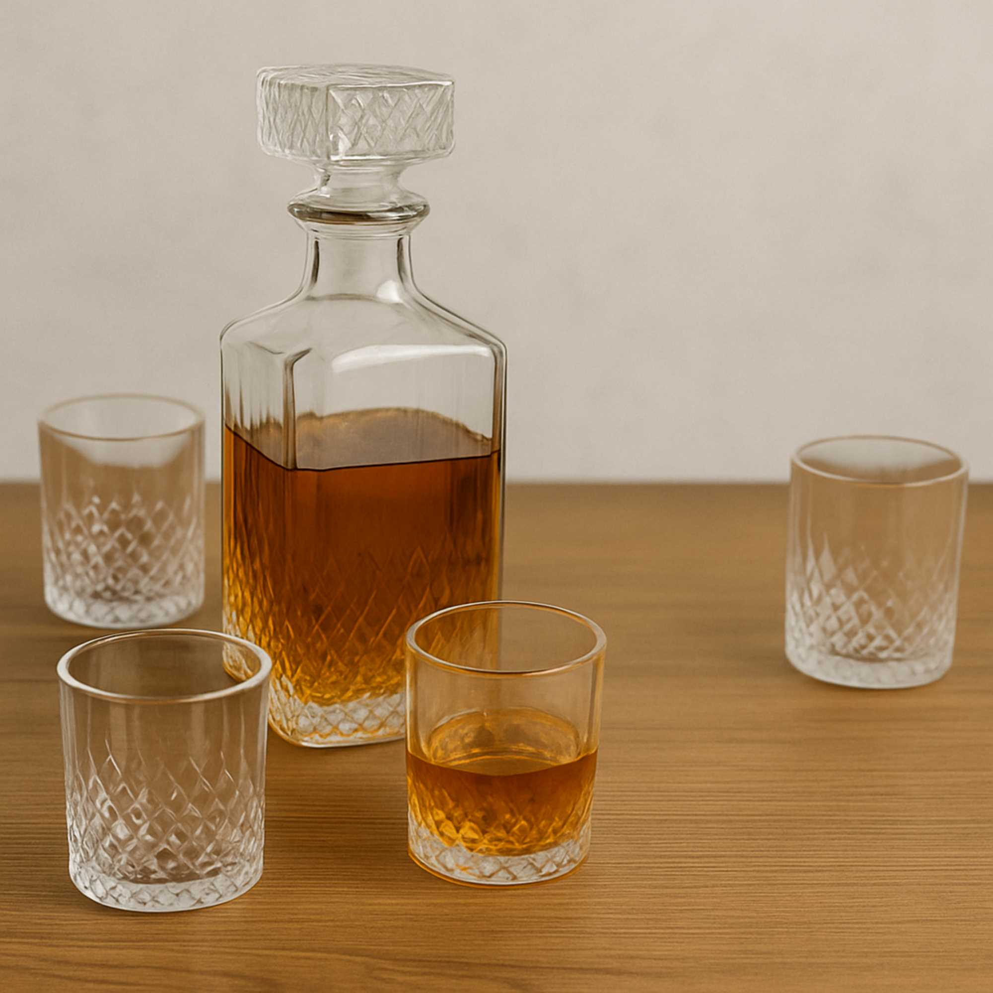 Una jarra de cristal con whisky y tres vasos sobre una mesa de madera. El fondo es una pared clara.