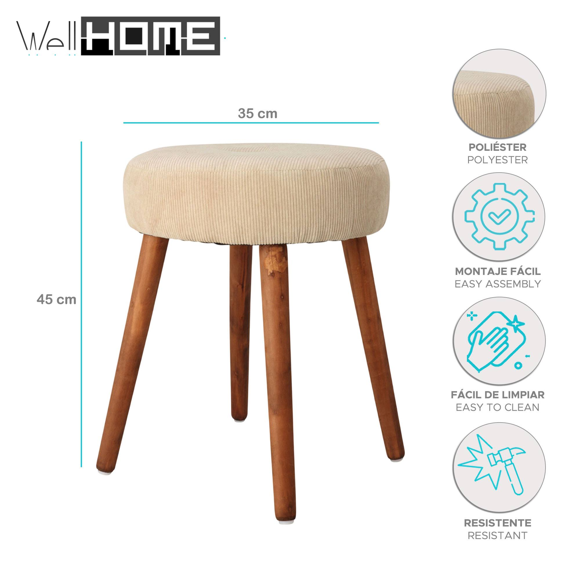 Taburete de pana beige con patas de madera. El taburete está etiquetado con dimensiones y características.