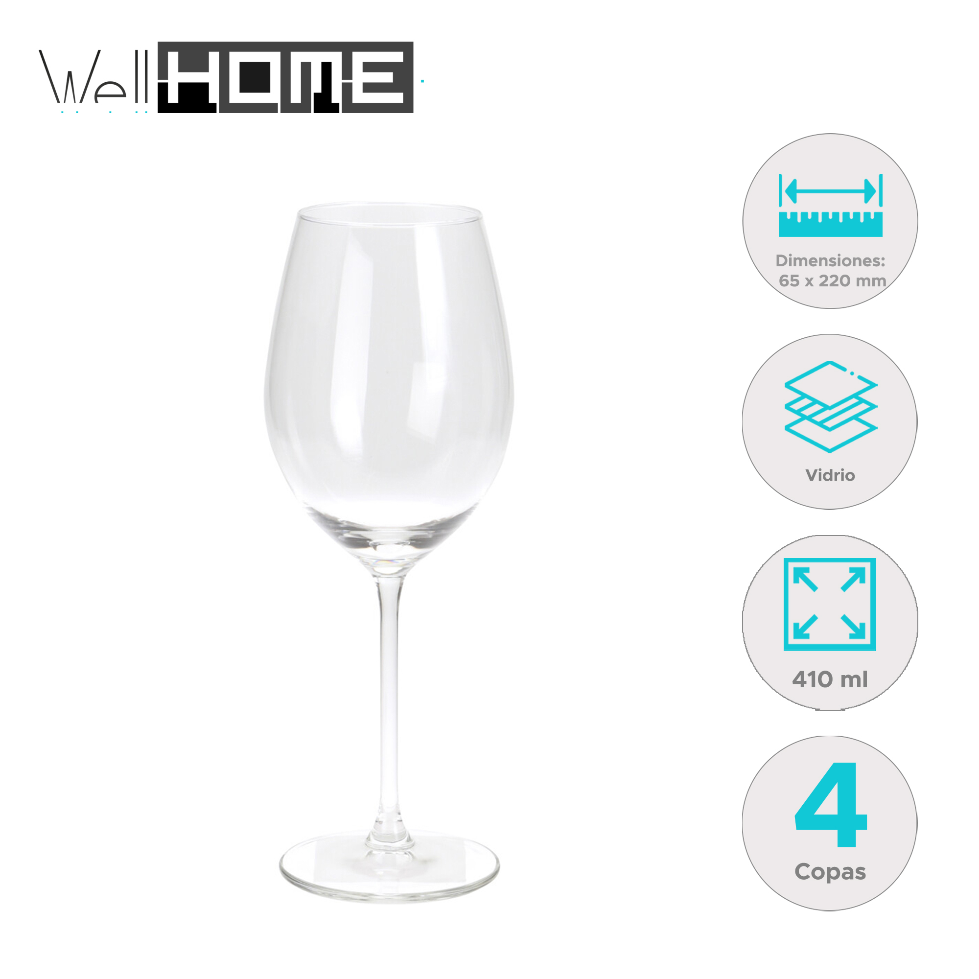Una copa de vino transparente sobre fondo blanco. Iconos informativos sobre el vaso están a la derecha.