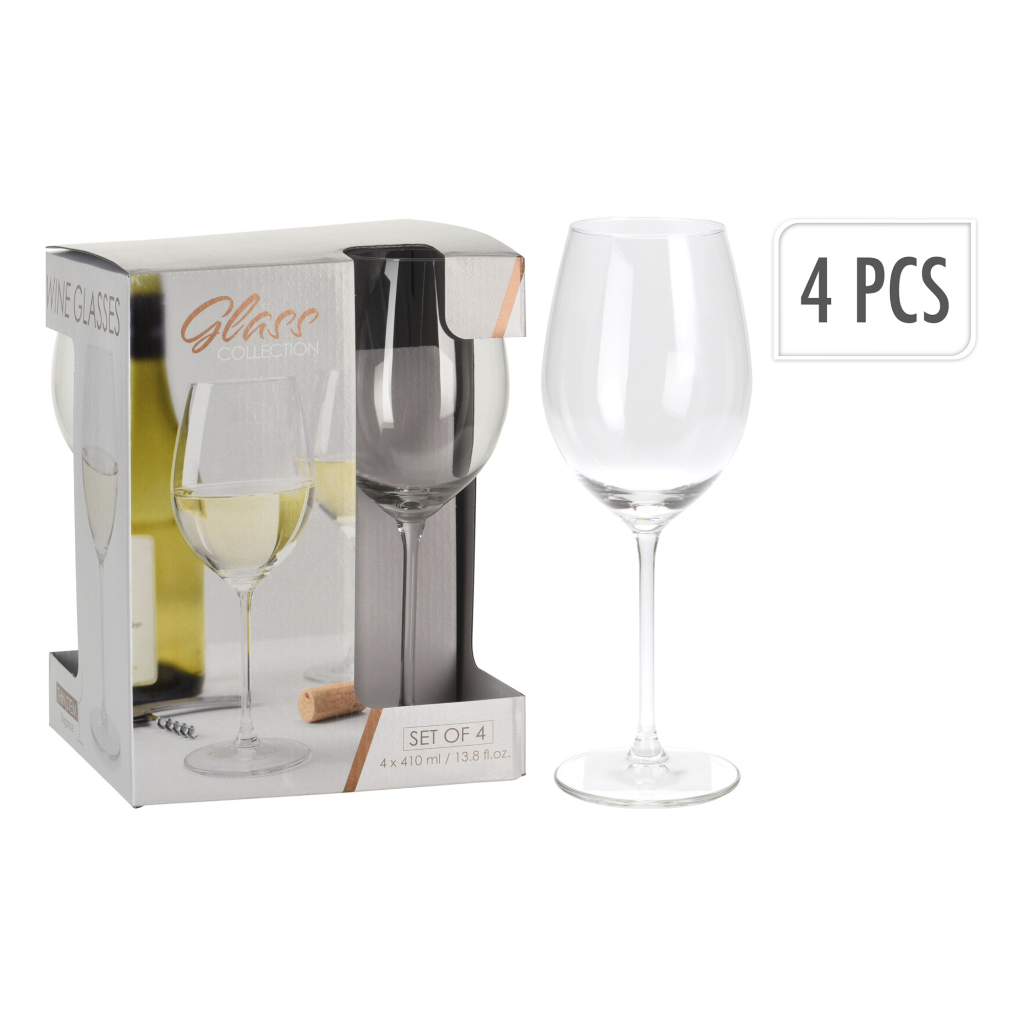 Un juego de caja de 4 copas de vino, una copa fuera de la caja. Fondo blanco. La caja dice 'Glass Collection'.