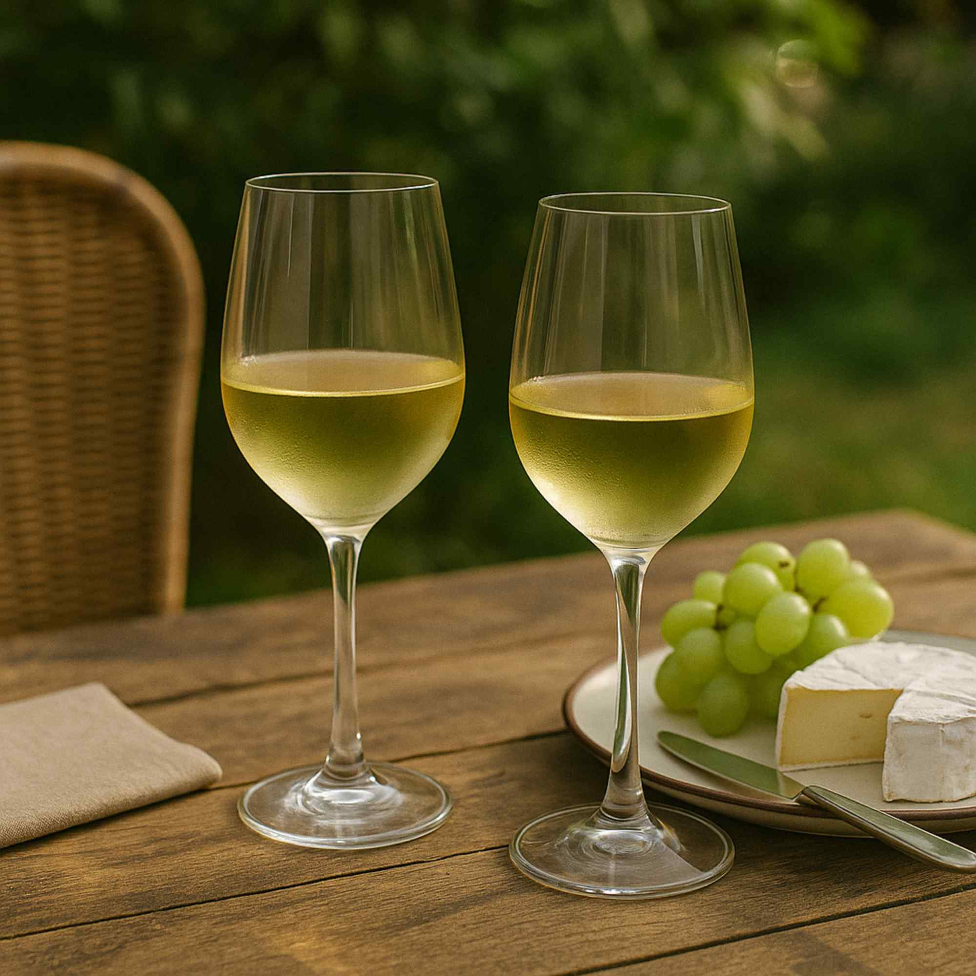 Dos copas de vino con vino blanco, uvas, queso y un cuchillo sobre una mesa de madera. Fondo verde.