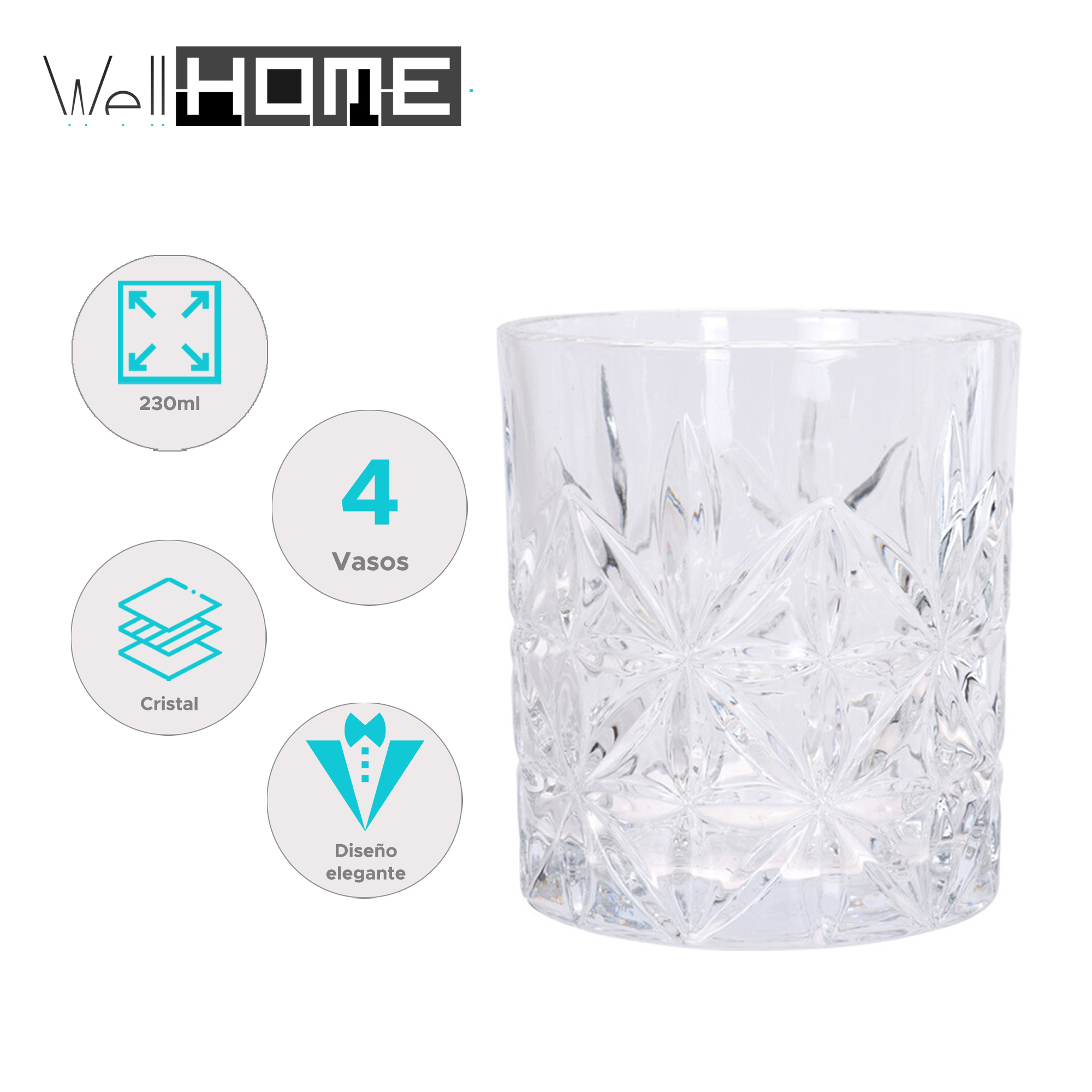 Vaso de vidrio transparente con diseño. Incluye capacidad de 230 ml, 4 vasos, material cristal y diseño elegante.