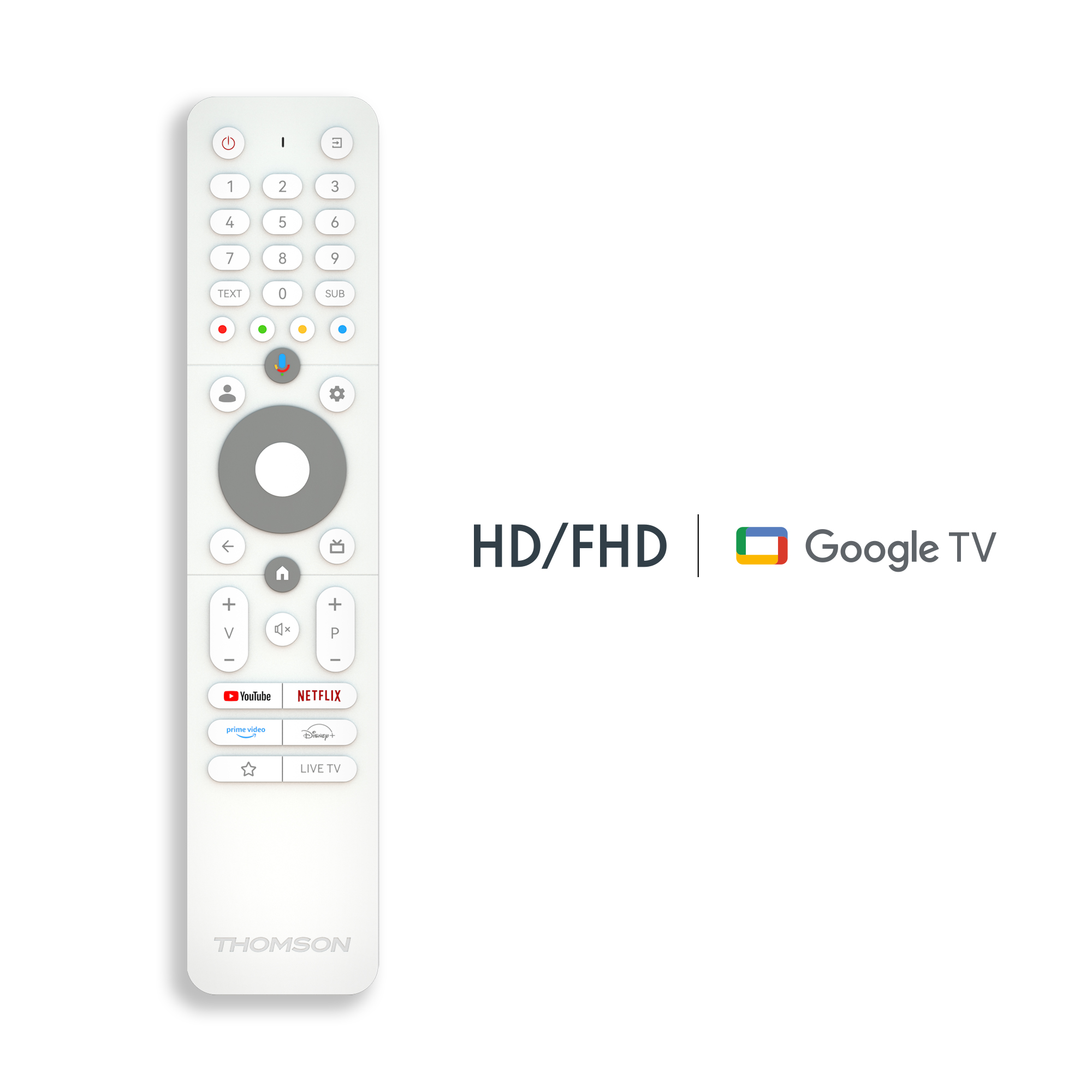 A white remote control with numbered buttons, YouTube, Netflix, and Google TV logo. 