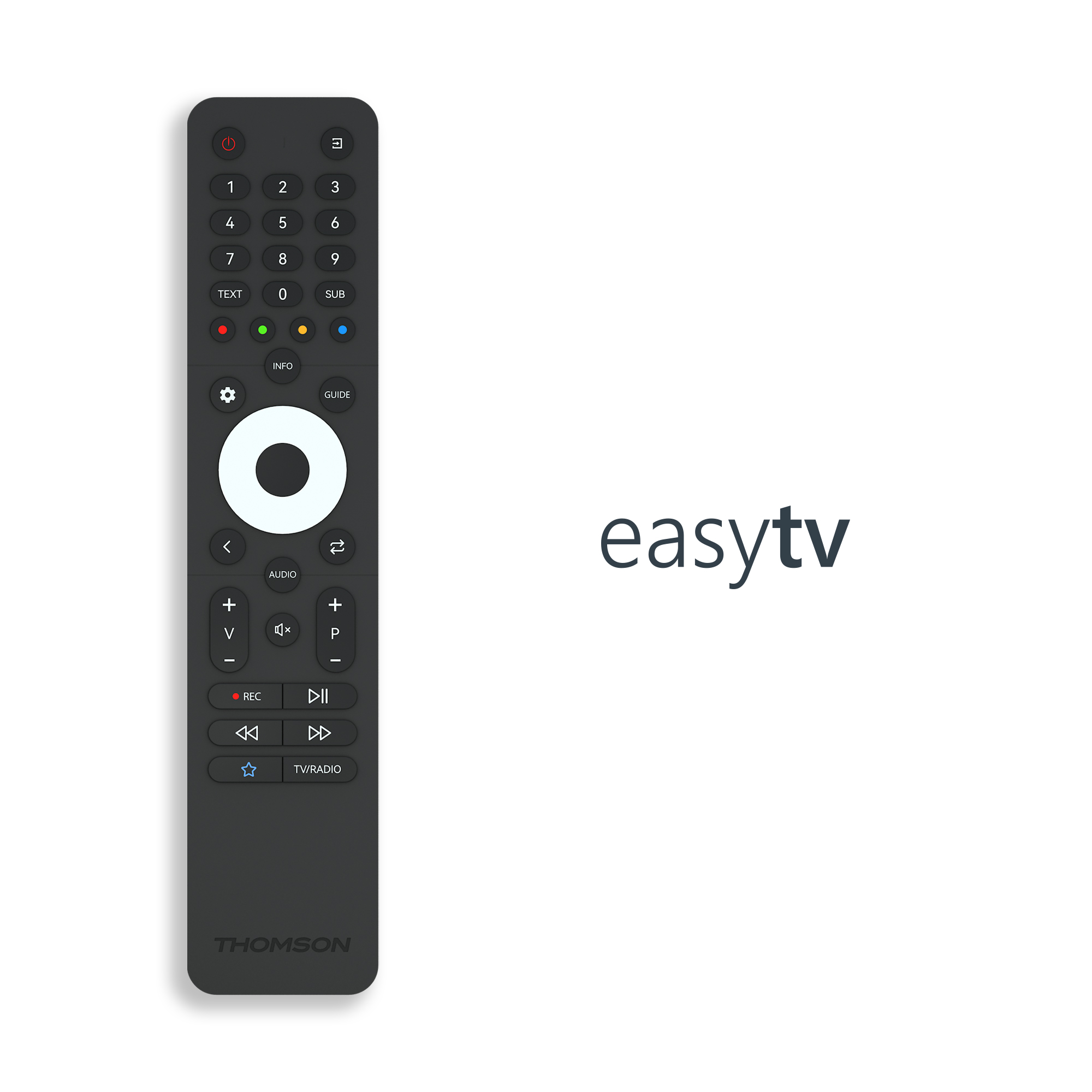 A black Thomson remote control with buttons and a central circular control. The easytv logo is on the right.