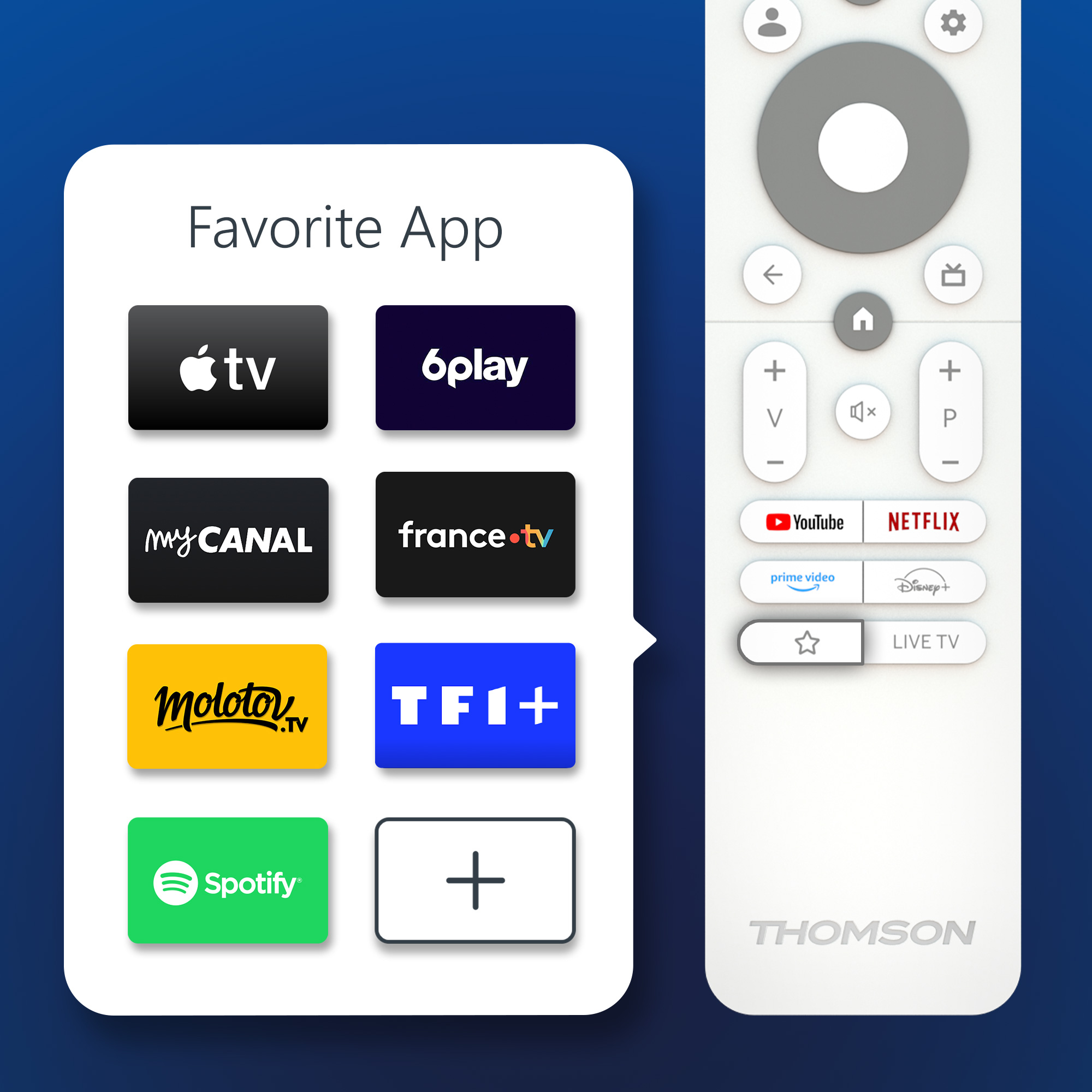 A remote control next to a white box with app icons, including Apple TV, 6play, My Canal, and Spotify.