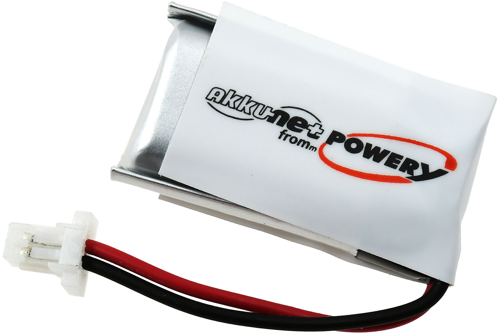 Un paquete de baterías con una etiqueta blanca que dice 'akkunet+ fromm POWERy' y cables rojos y negros.