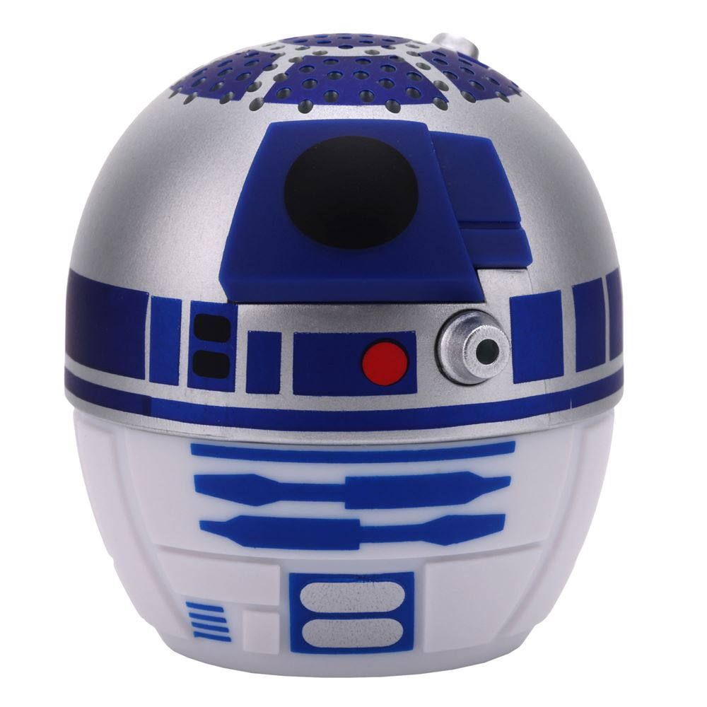 R2-D2 figürünün yakın çekimi. Mavi, gümüş ve beyaz renklidir. Siyah bir daire, kırmızı bir daire ve gümüş bir detay vardır.