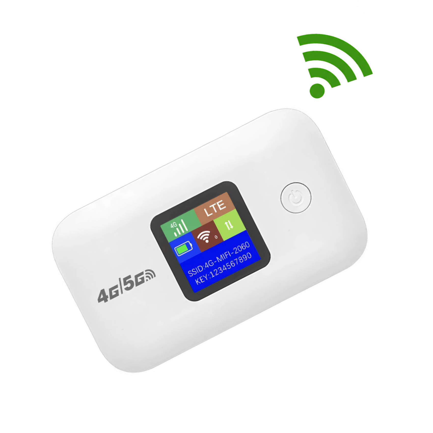 Ein weißes tragbares Modem mit einem Bildschirm, der Netzwerkinformationen anzeigt, und ein grünes WLAN-Symbol darüber.
