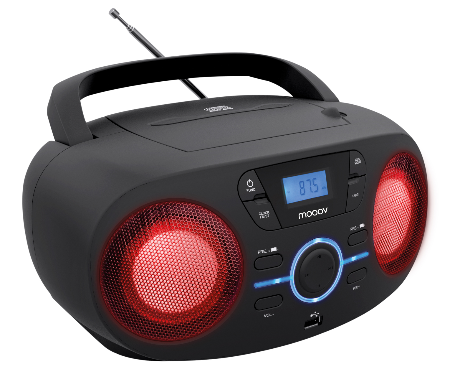 Boombox negra con altavoces rojos y pantalla digital. Cuenta con asa, antena y botones de control.