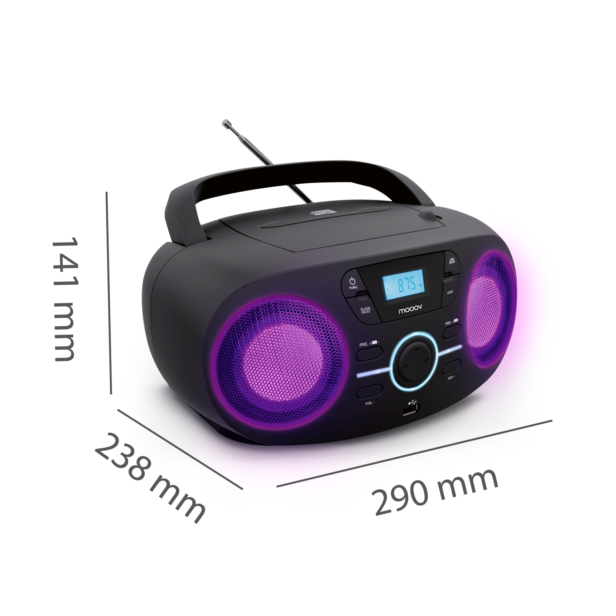 Una radio negra con asa, altavoces morados brillantes y pantalla digital. Dimensiones: 290 mm x 238 mm x 141 mm.