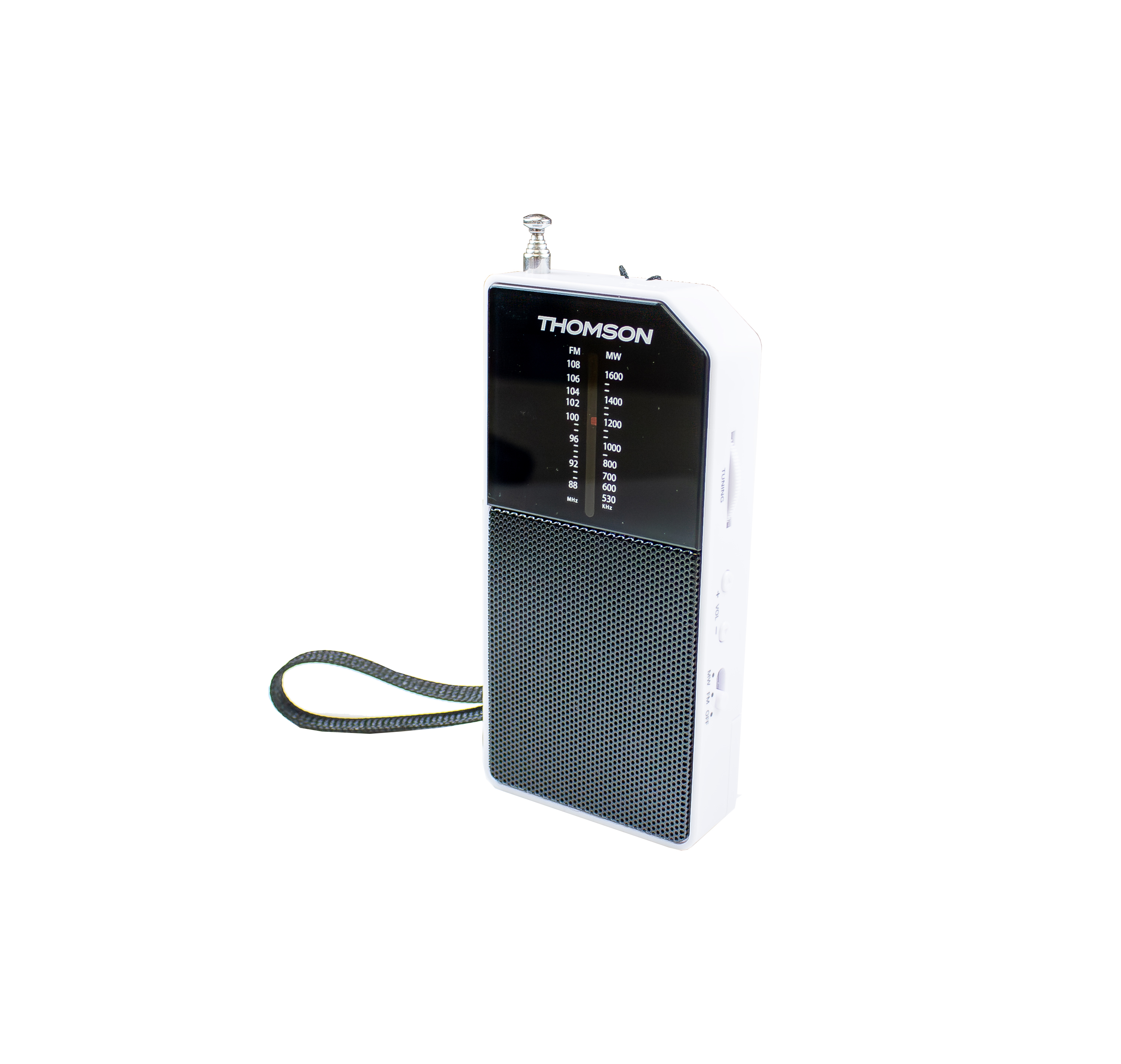 Radio Thomson blanco con rejilla de altavoz negra y antena, sobre fondo blanco.