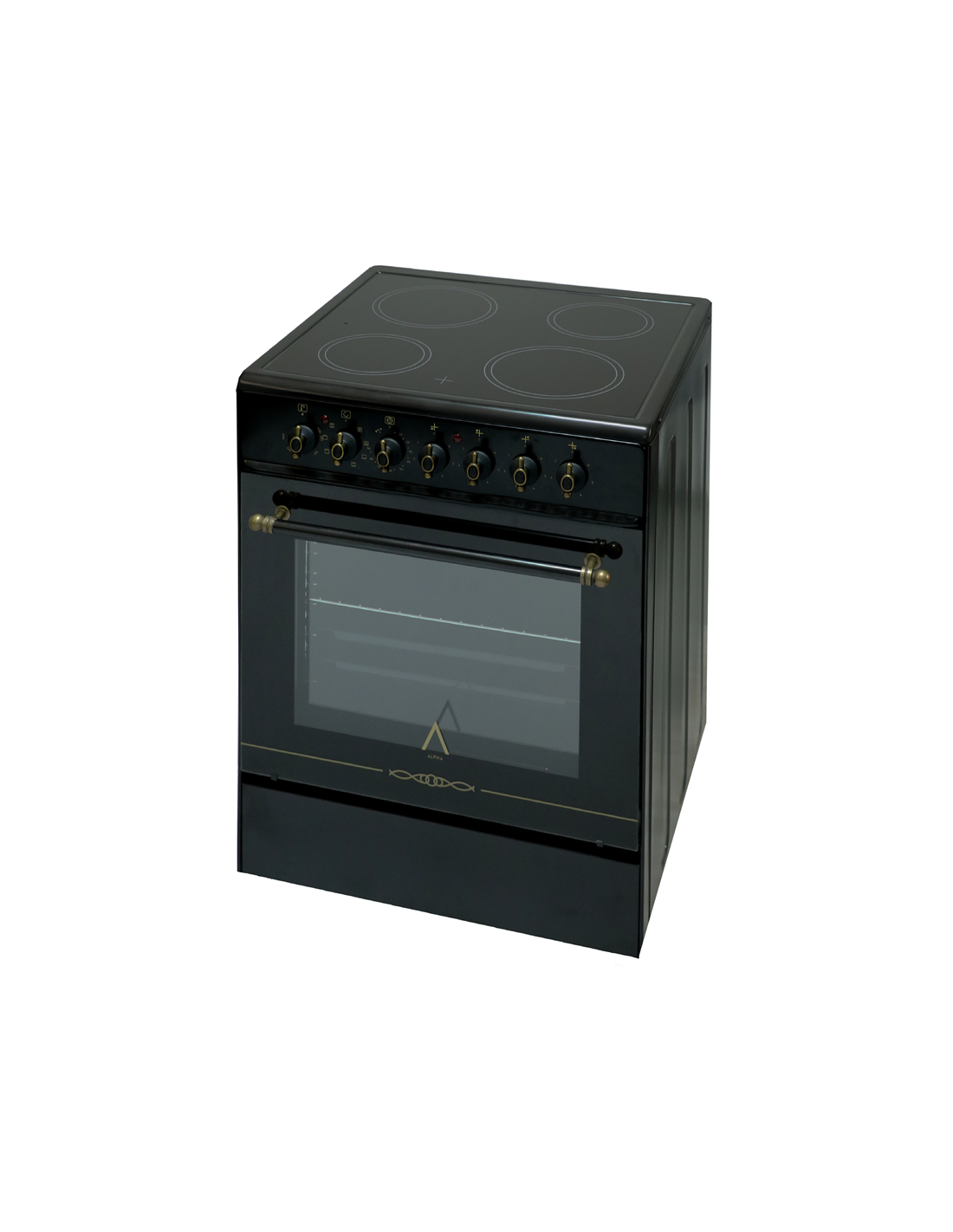 Un horno eléctrico negro con cuatro quemadores, perillas y puerta de vidrio, sobre fondo blanco.